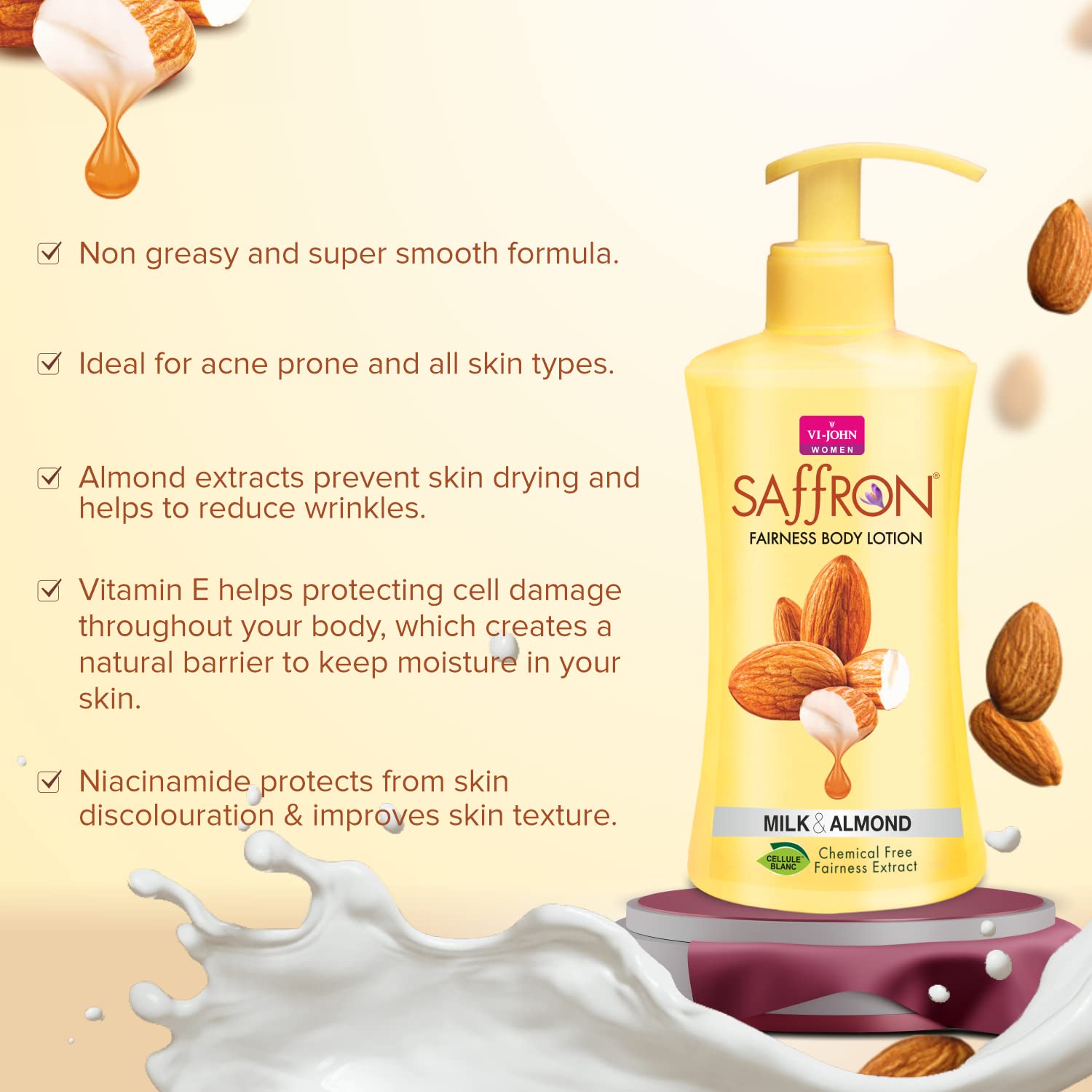 VI-JOHN Milk Almond Saffron Fairness Body Lotion for Men & Women - 48H Hydration, Chemical-Free Moisturizer, 250ml | Brightens Skin Tone & Nourishes Dry Skin for Daily Use at Home or Gym