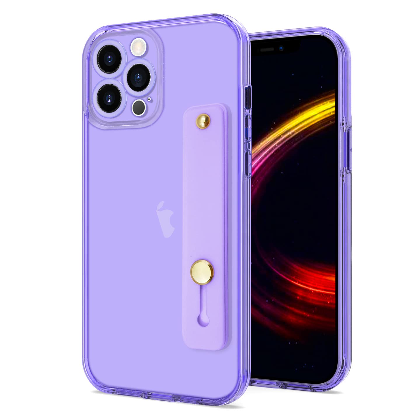 Omio Clear TPU Silicone Case for iPhone 12 Pro Max - Shockproof Slim Cover with Wristband Grip & Stand, Neon Purple Fluorescent Design - Perfect for Women & Girls - Ideal for Daily Use, Work, and Outdoor Activities