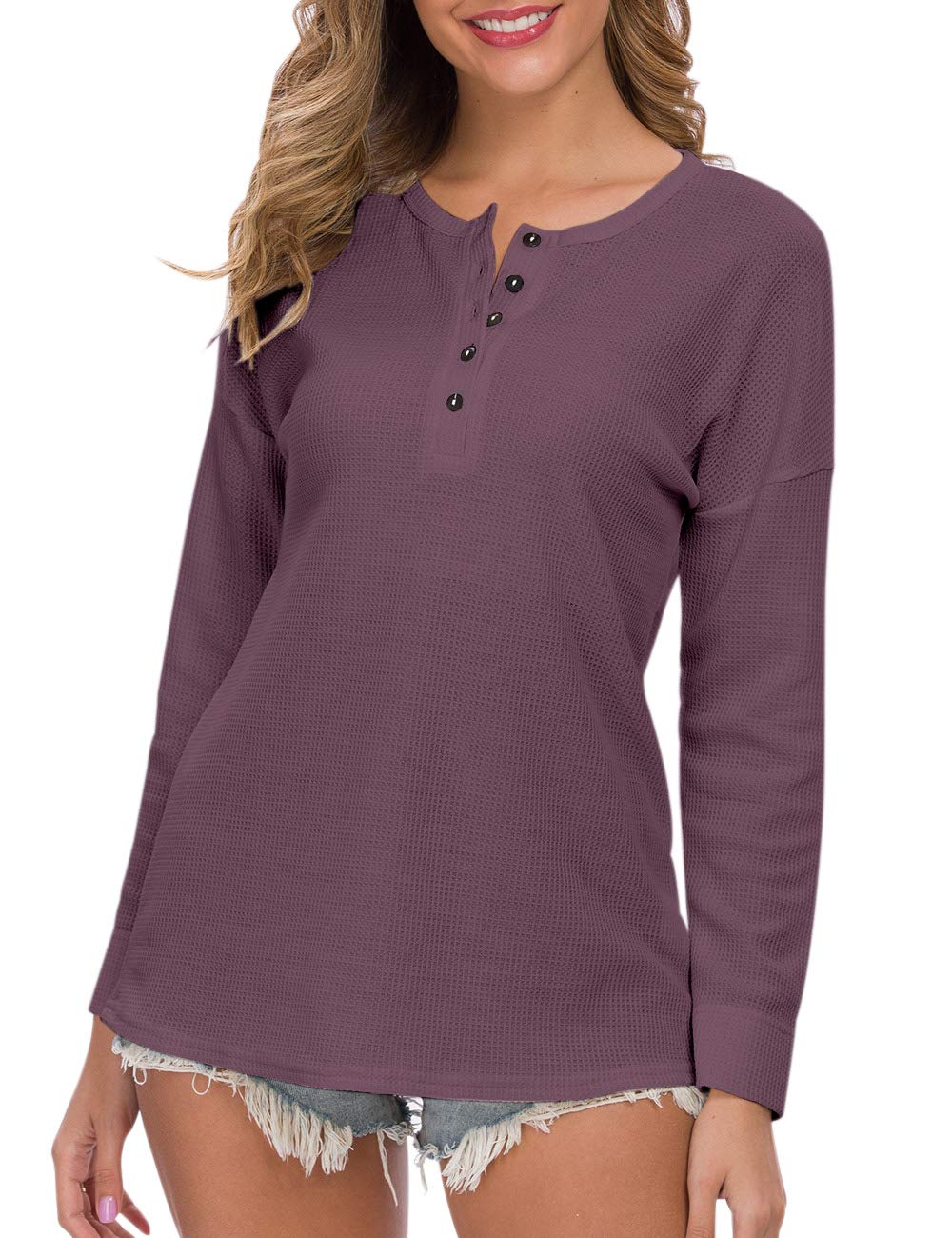 WNEEDU Women's Waffle Knit Tunic Top - Loose Fit Long Sleeve Button Up V-Neck Henley Shirt for Casual Wear, Office & Fall Outfits
