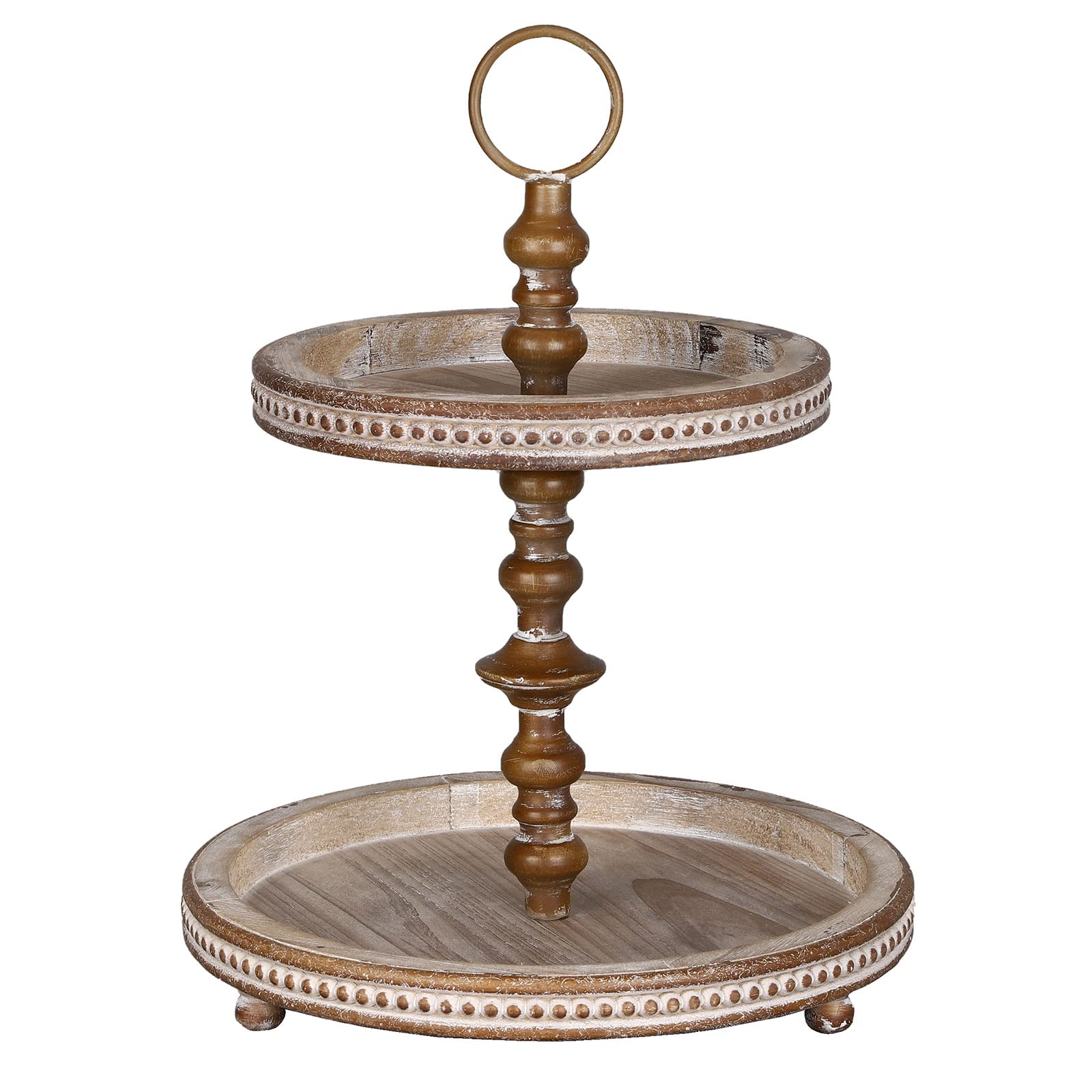 FESTWIND Two Tiered Wooden Tray with Beaded Design - Rustic Brown Farmhouse Kitchen Island Decor - Perfect for Holidays, Dining Table Centerpiece, and Home Organization - Small Decorative Tiered Tray Stand for Gifts