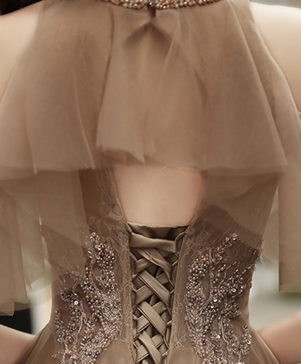 Elegant Champagne High Neck Tulle Lace Long Prom Dress for Women - Perfect for Formal Dances, Weddings & Special Occasions