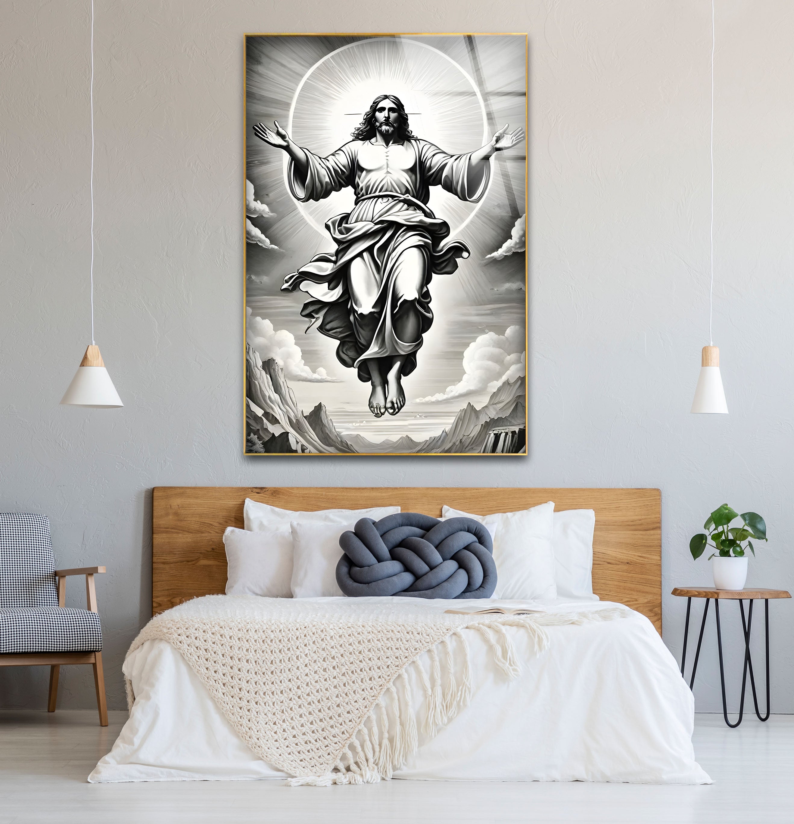 Black and White Jesus Christ Glass Wall Art - Religious Home Decor for Living Room, Bedroom & Church
