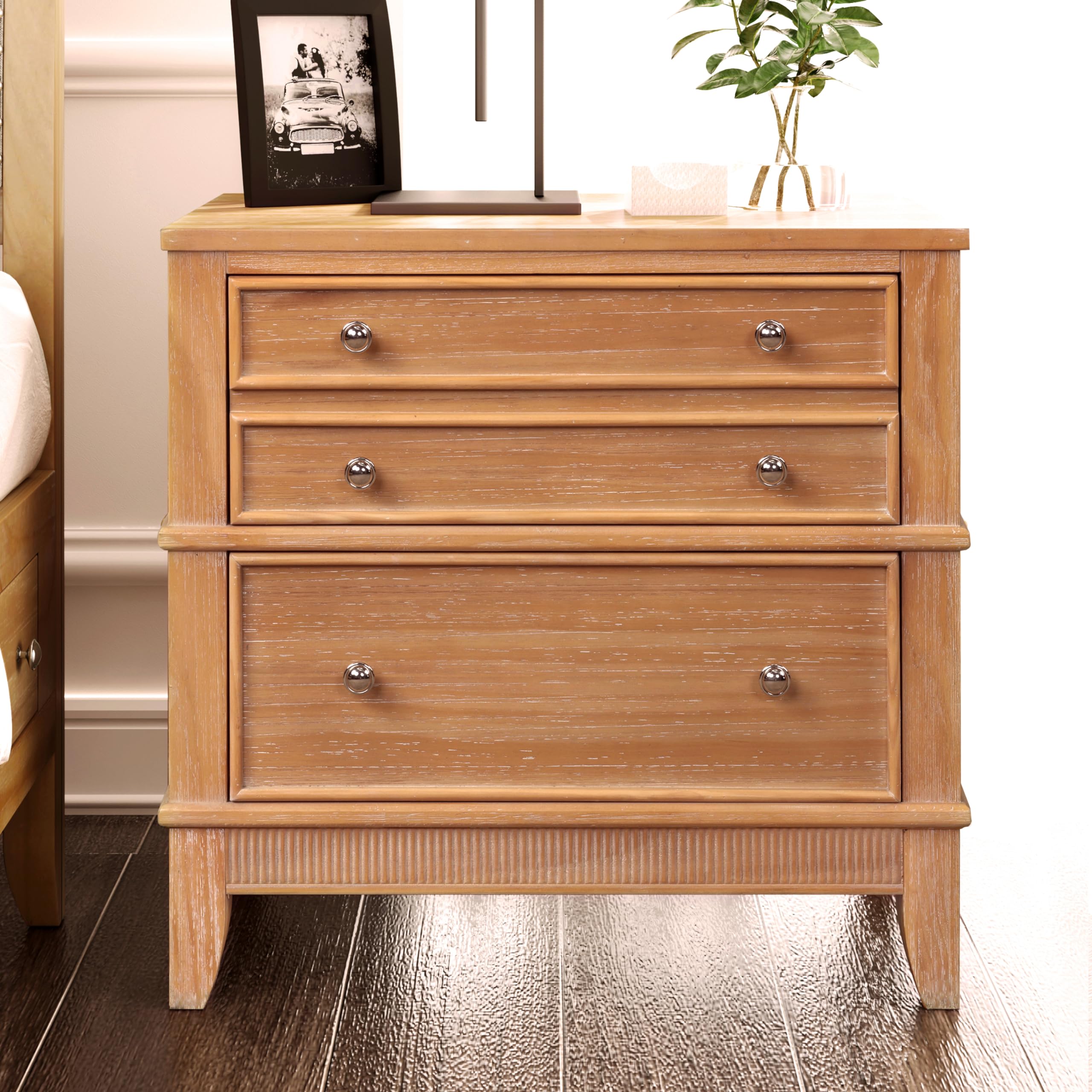 Stylish Pine Wood Nightstand with 3 Drawers & Hidden Jewelry Storage - Multi-Functional End Table, Side Table for Bedroom, Living Room - Perfect for Home Decor, Small Space Organization & Gift Giving