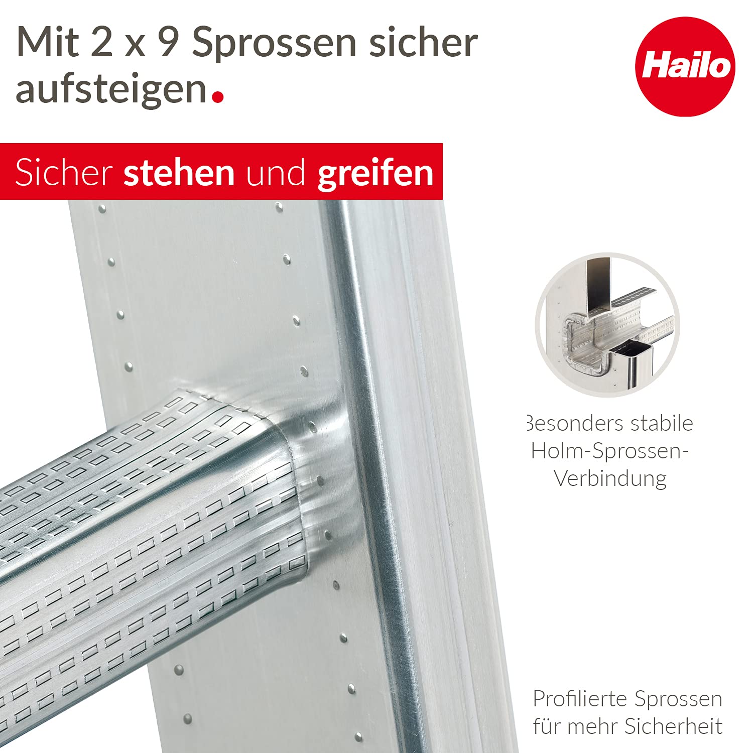 Hailo 7209-007 Aluminum Extension Ladder 2-Section Sliding ProfiStep Duo (2x9 Steps) - Perfect for Home, Construction & Roofing Work