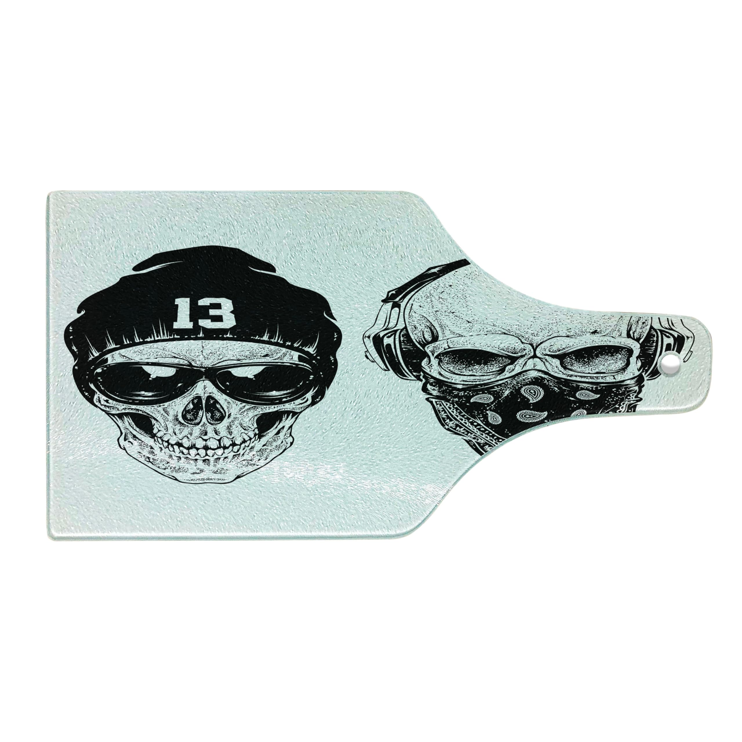 Ambesonne Skull Cutting Board - Black & White Tempered Glass Serving Board with Grunge Print | Wine Bottle Shape for Kitchen, Party & Bar Use | Funny Skull Band Design for Home Decor & Entertaining
