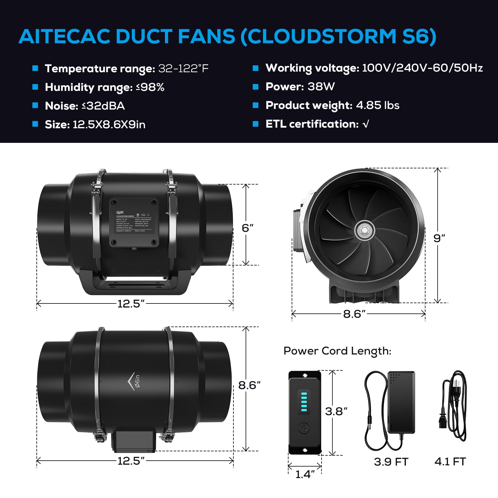 6 Inch Inline Duct Fan with Variable Speed Controller - 402 CFM Quiet Ventilation Exhaust Fan for Grow Tents, Hydroponics, Heating & Cooling Booster - Perfect for Indoor Gardening, Greenhouse Ventilation and HVAC Systems