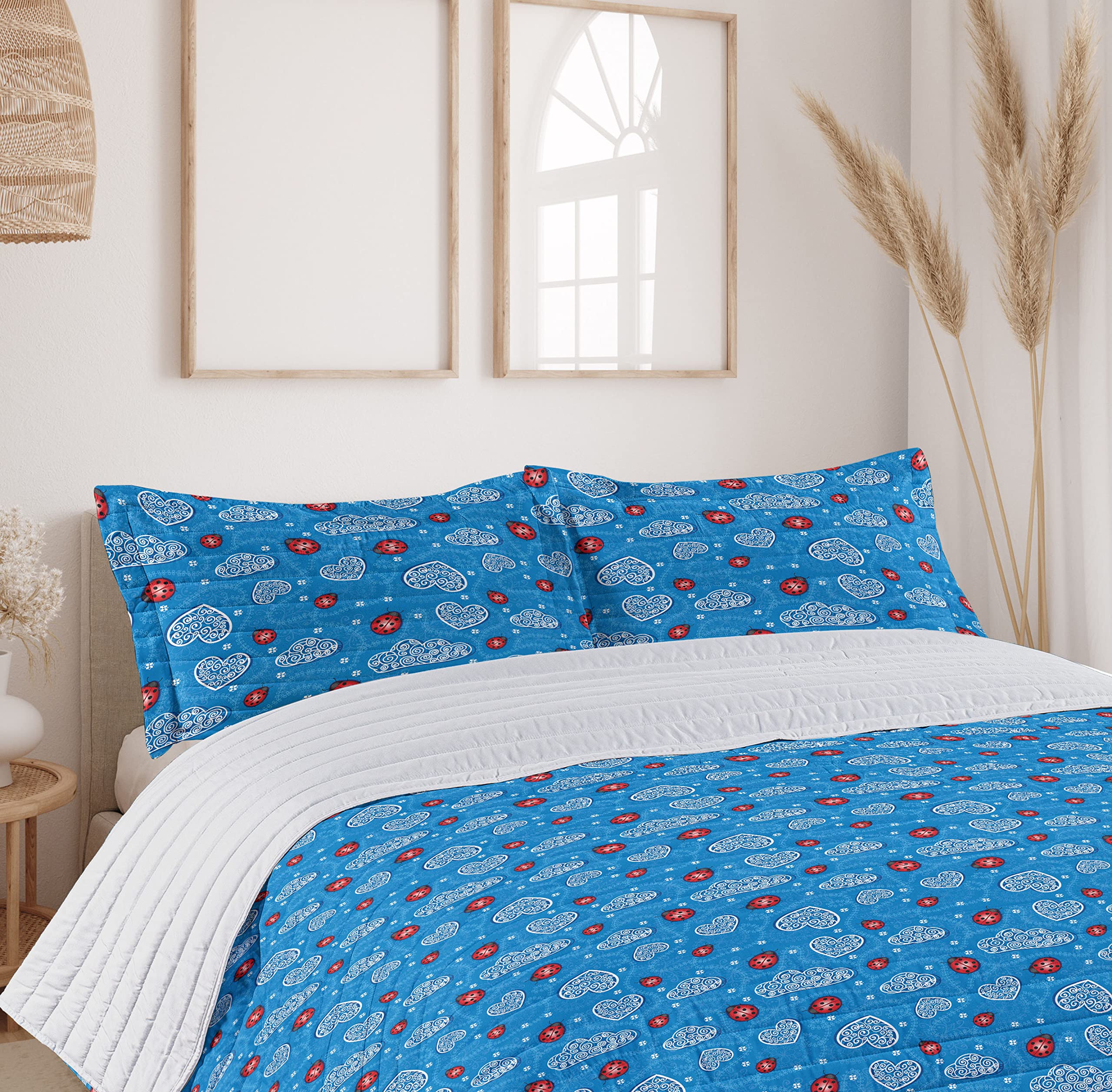 Ambesonne Ladybugs Microfiber Bedspread Set - Queen Size Blue Red, Soft Bedding with Pillow Shams & Comforter, Ladybug and Cloud Art Design - Perfect for Kids' Rooms, Guest Bedrooms, and Nature-Themed Decor