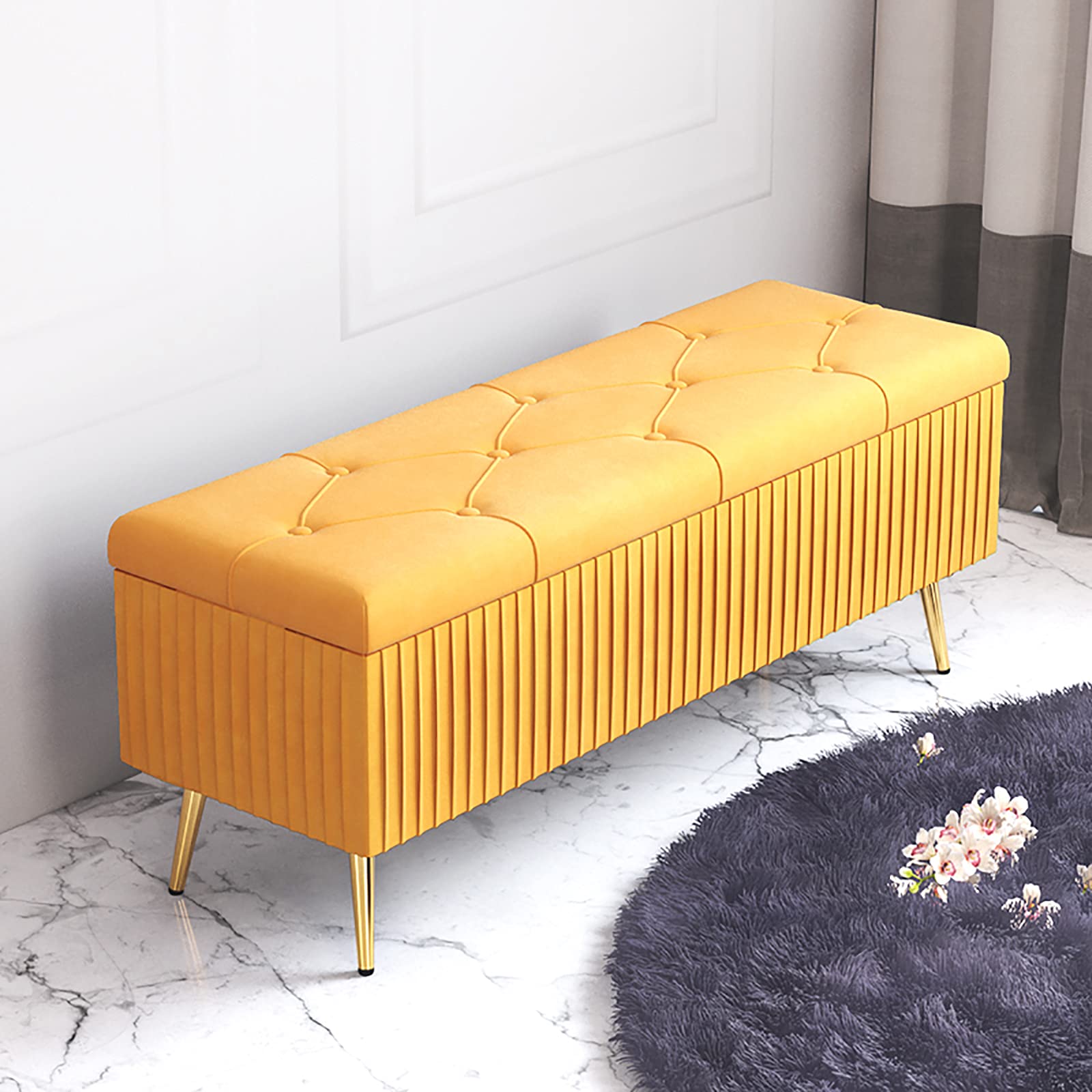 Luxury Velvet Upholstered Storage Bench - Multi-Functional Ottoman for Entryway, Living Room & Bedroom - Soft Shoe Bench & Comfortable Footrest - Yellow (80x40x45cm/31x16x18in) - Perfect for Small Space Organization & Home Decor