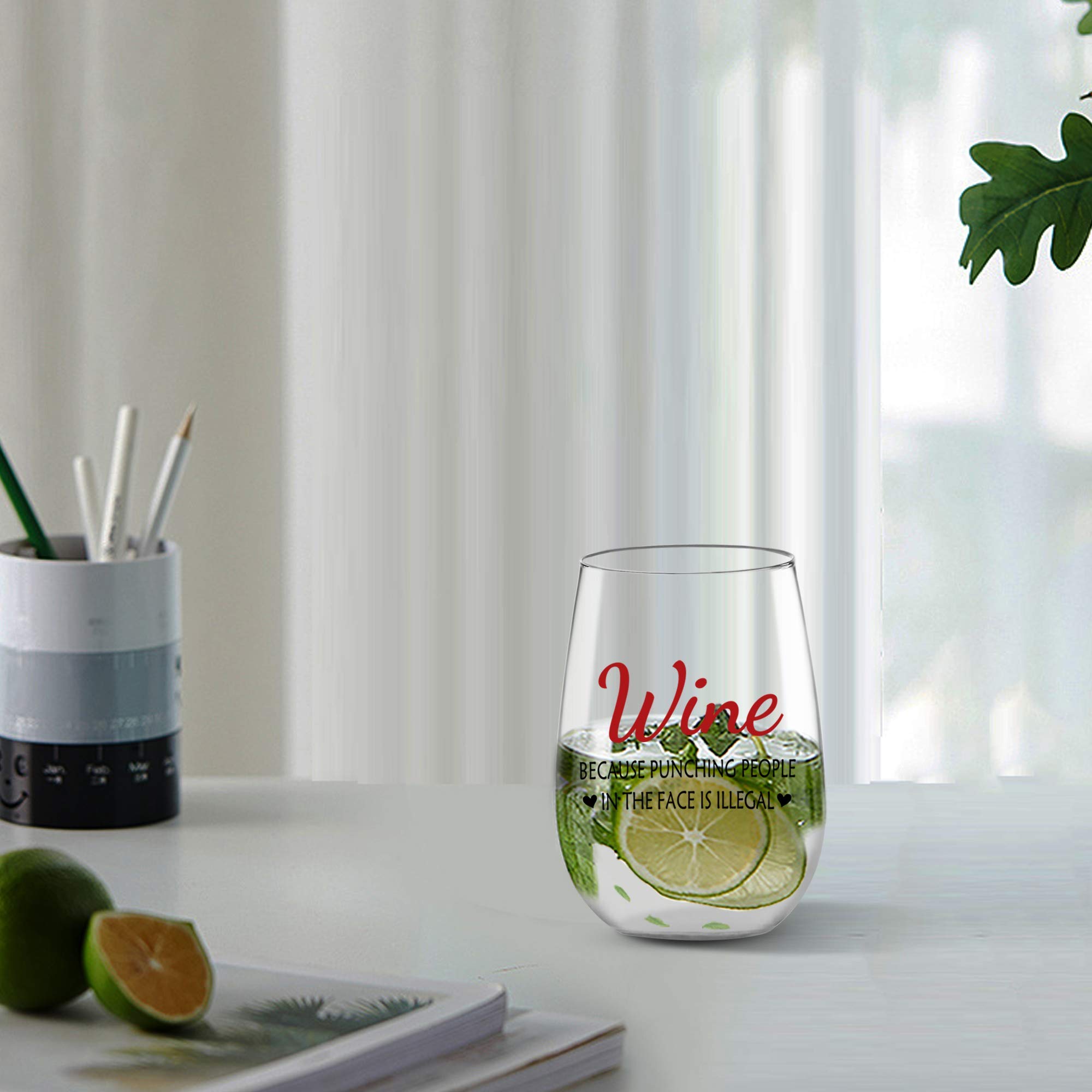 Funny Wine Glasses Gifts for Women - 'Wine Because Punching People is Illegal' Novelty 17oz Glass - Perfect Birthday, Mothers Day, Coworker, Wife, Sister & Friend Gifts - Great for Parties, Girls Night Out & Relaxing at Home