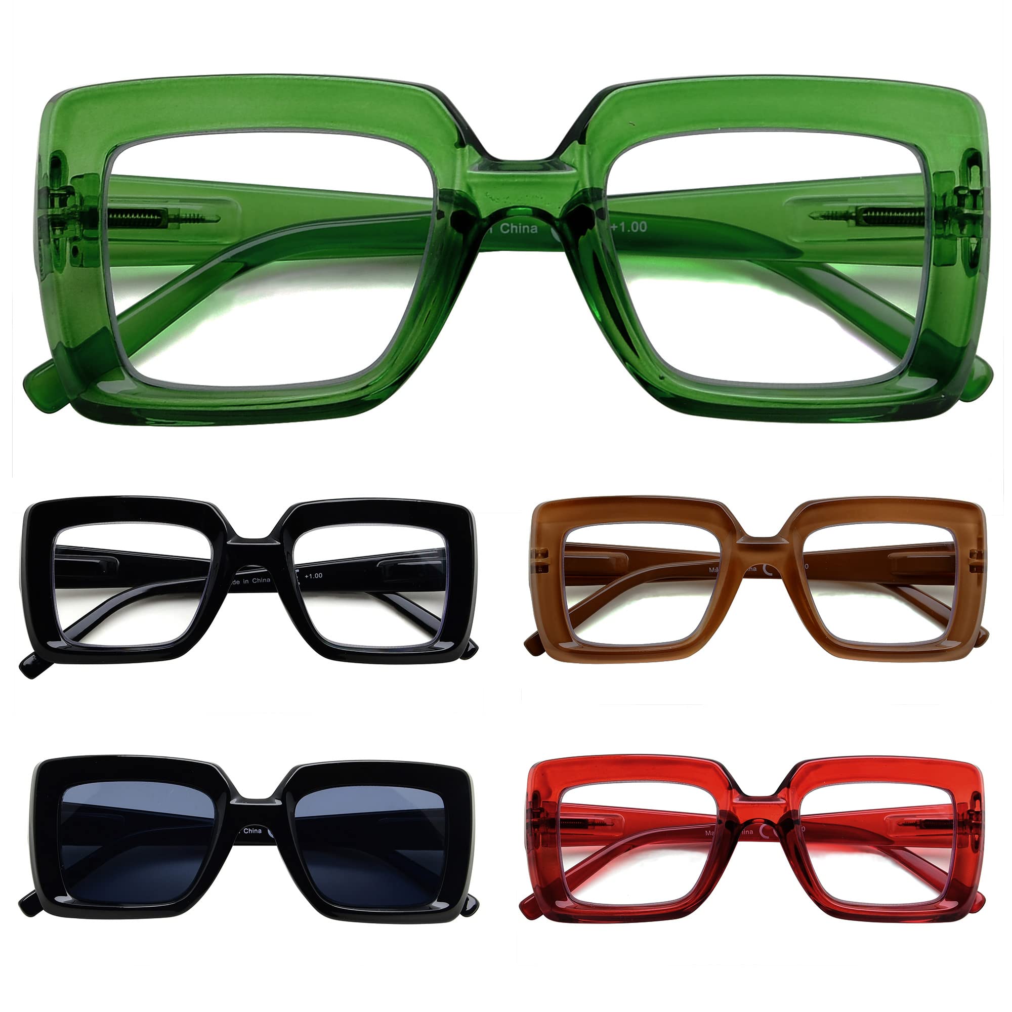 Eyekepper 5-Pack Stylish Square Reading Glasses for Women +1.75 Magnification - Perfect for Reading, Computer Use, and Close Work