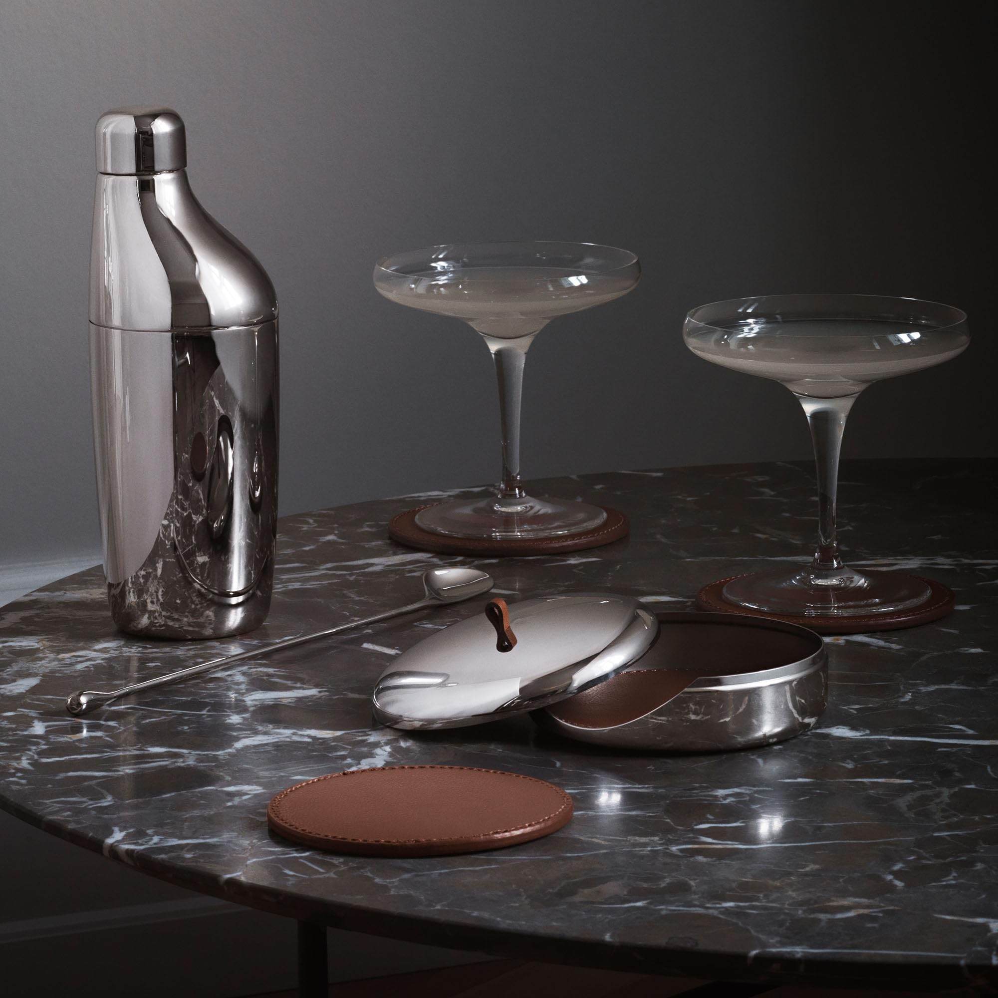 Georg Jensen SKY Collection Coaster Set - 4 Premium Leather Coasters in Stainless Steel Case for Home & Office Decor | Elegant Drinkware for Wine, Cocktails & Coffee Parties