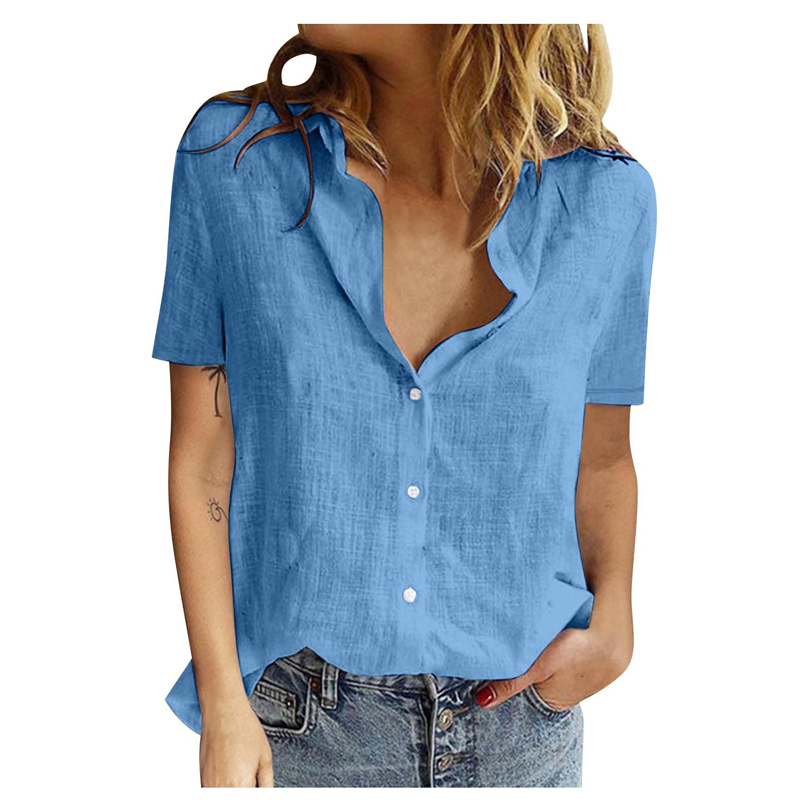 Plus Size Women's Casual V-Neck Button Down Shirt - Long & Short Sleeve Polyester Blouse Tunic Tops for Work, Office & Everyday Wear