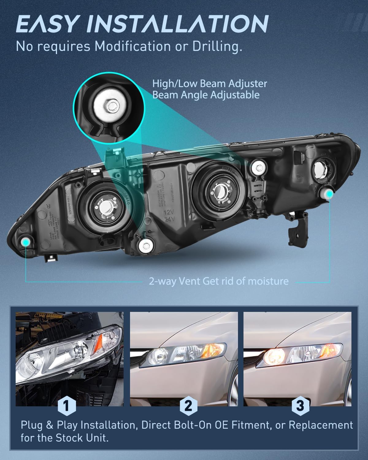2006-2010 Honda Civic Headlight Assembly - Chrome Housing with Amber Reflector - Replacement for Sedan & Coupe Models - Perfect for Night Driving & Car Upgrades