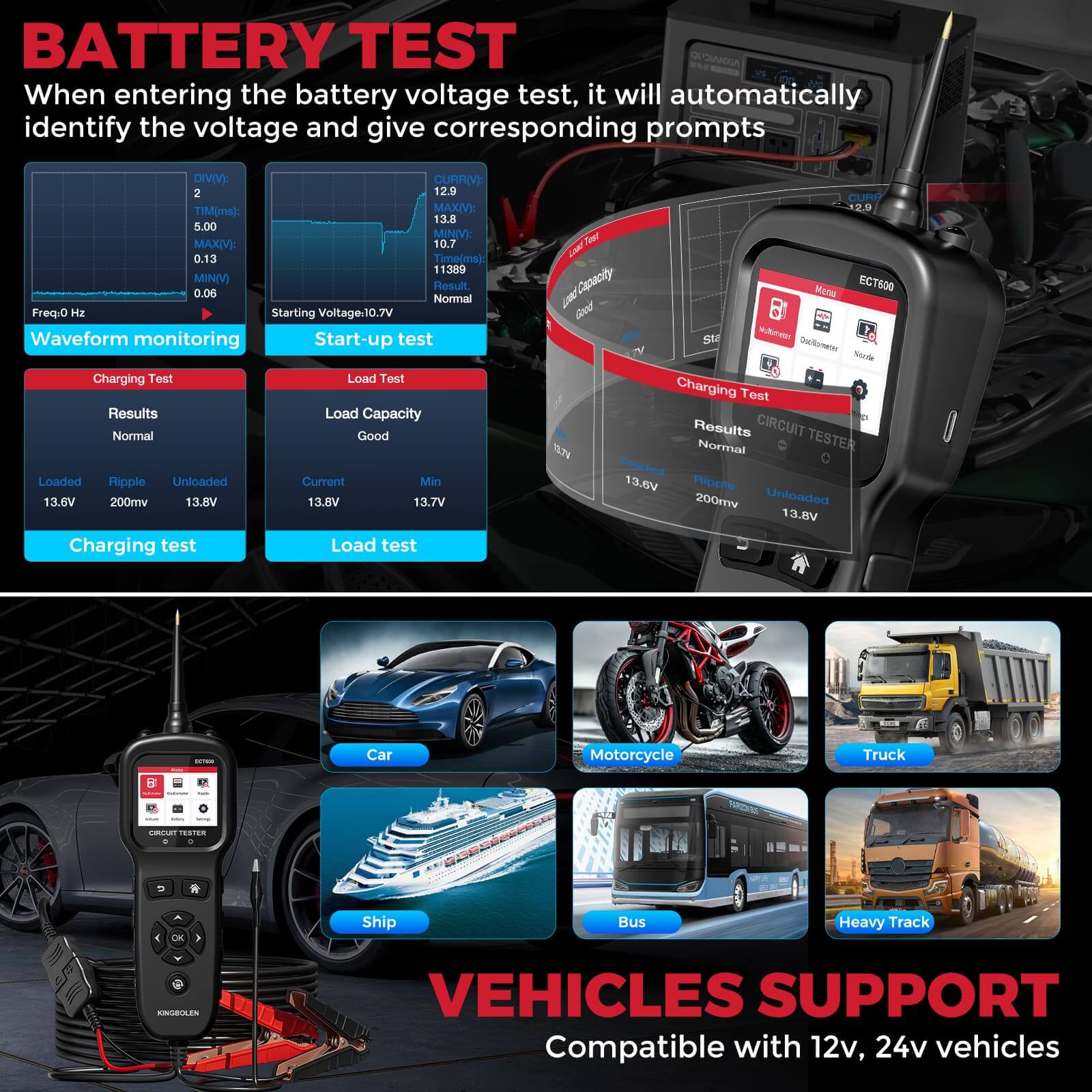 KINGBOLEN ECT600 12V/24V Car Battery Tester - Multi-Function Automotive Battery Analyzer for 0-80V DC with 10m Extension Cord - Perfect for Home, Garage & Roadside Vehicle Maintenance