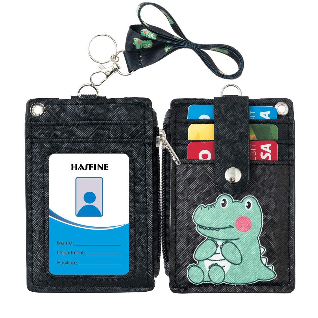 HASFINE Cute Leather ID Badge Holder with Zipper Pocket & Lanyard - 2-Sided 5-Card Slots for Office, School, Work - Perfect for ID Cards, Credit Cards, Driver's License & Keychain - Ideal for Professionals, Students & Daily Commuters