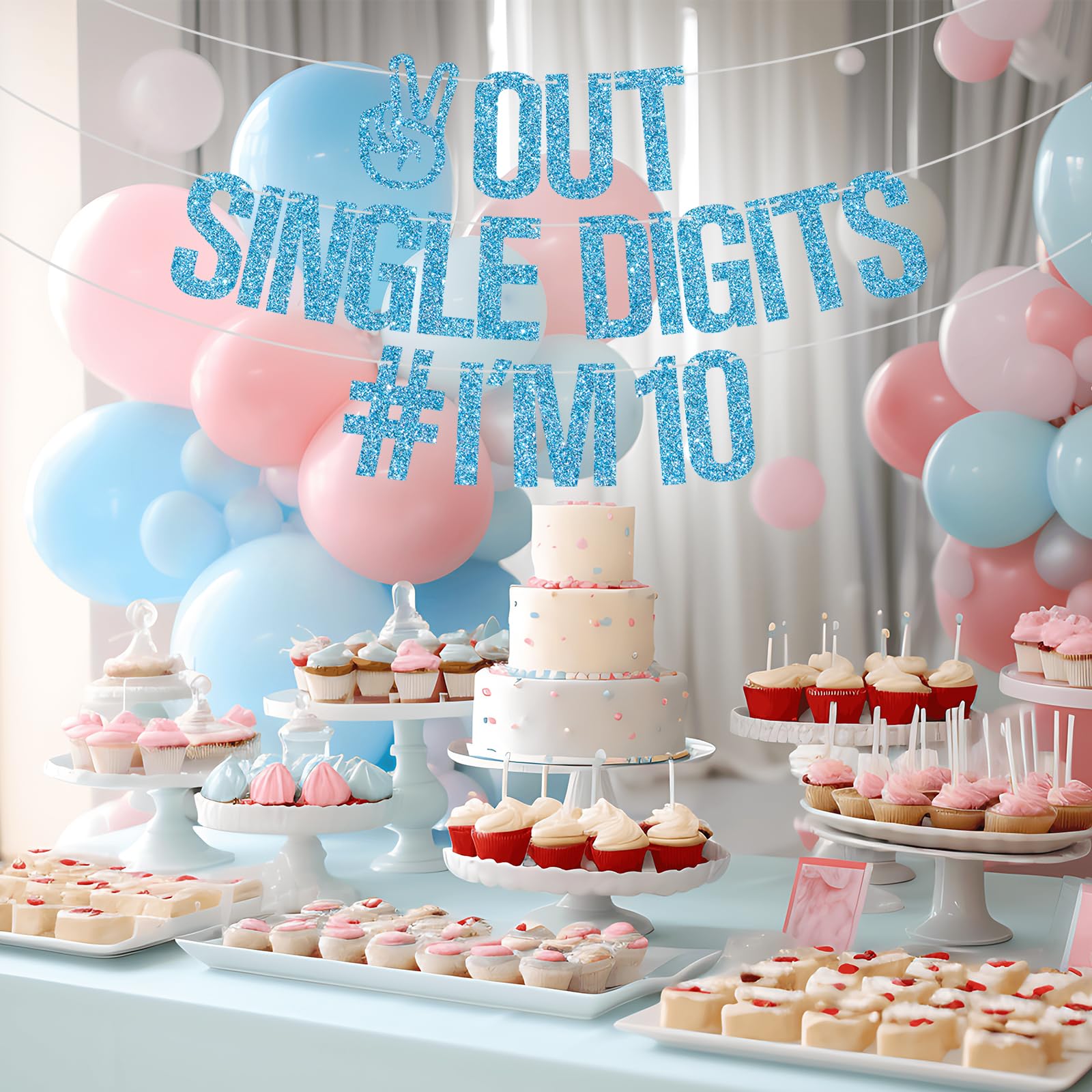 Happy 10th Birthday Banner - Double Digits 'I'm 10' Party Decorations for Boys & Girls | Baby Blue Glitter Sign | Perfect for 10th Birthday Party Backdrop, Cake Table Decor & Photo Booth Props