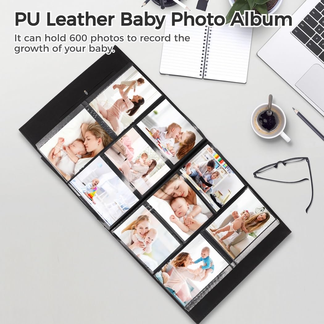 Chewtoyo 4x6 Inch PU Leather Photo Album with Pockets - Holds 600 Photos | Baby, Newborn, Wedding & Anniversary Scrapbook | Perfect for Boys, Girls, Family Memories & Travel Vacations