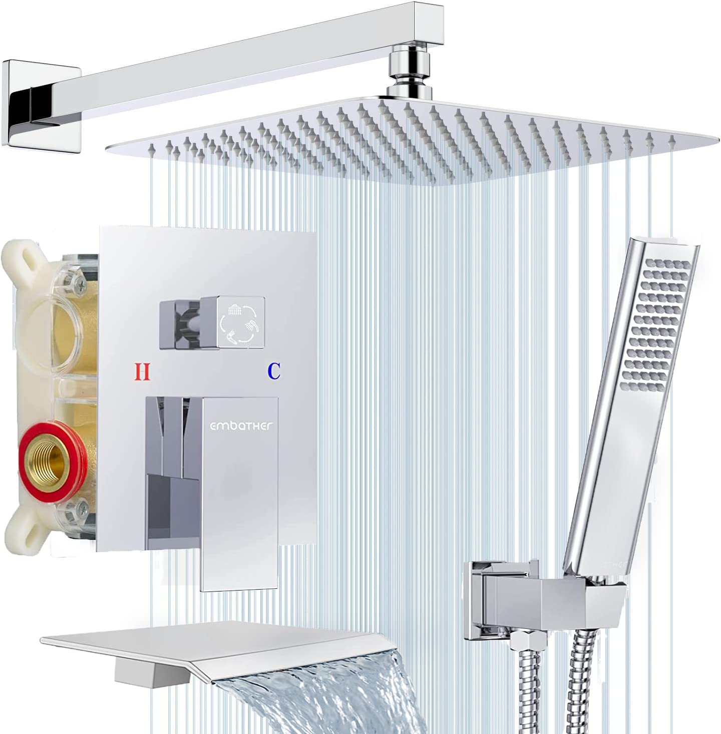EMBATHER 12-Inch Shower System with Tub Spout - High Pressure Rainfall Showerhead & Handheld Spray - Chrome Bathroom Faucet Set (Includes Shower Valve & Trim Kit) - Perfect for Modern Bathroom Renovations & Spa-Like Shower Experience