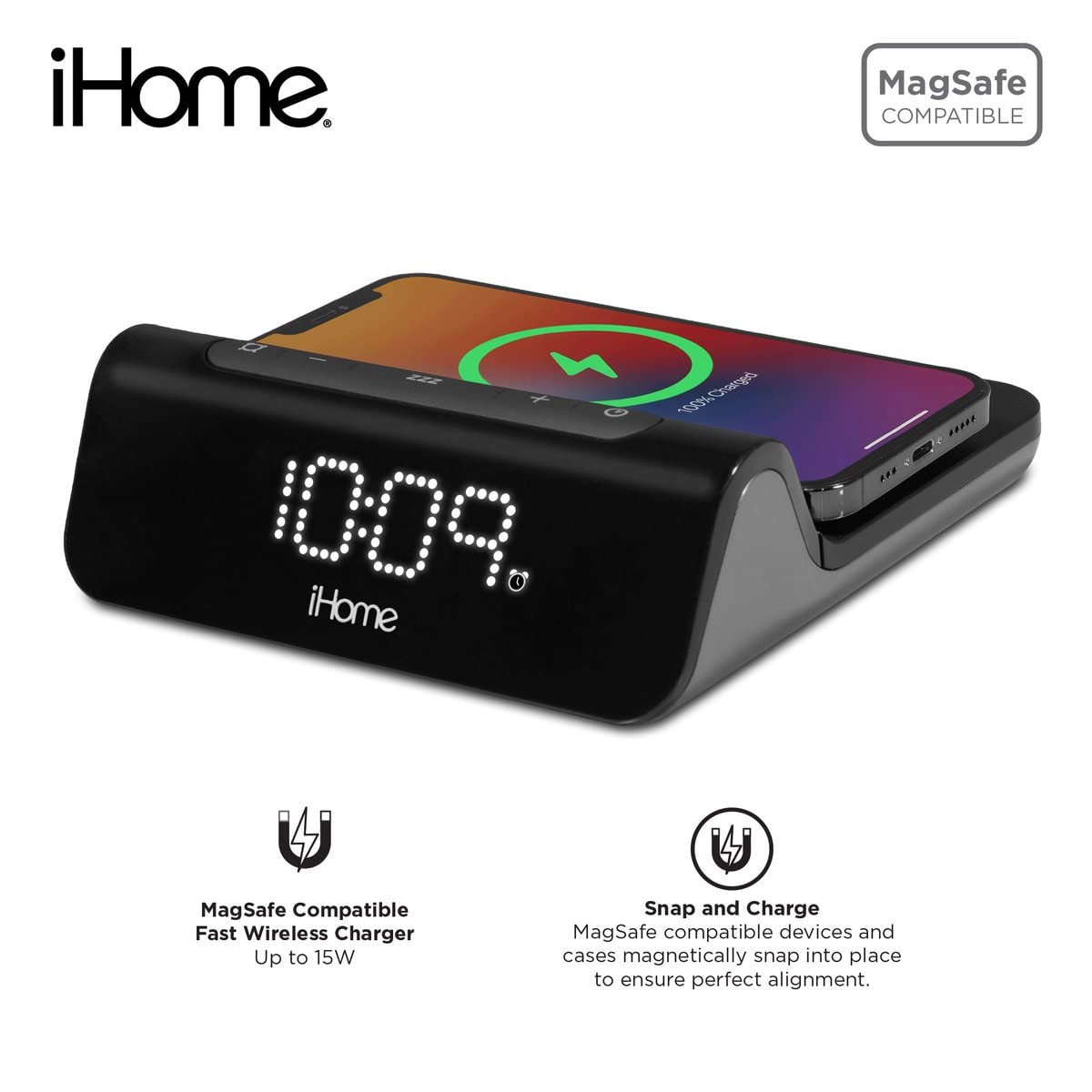 iHome 3-in-1 Magnetic Fast Wireless Charging Alarm Clock for iPhone 12/13/14/15 Pro/Max - 25W Magsafe Charger Stand with USB-C & USB-A Ports - Perfect for Bedroom, Office, and Nightstand Charging Station (iW23)