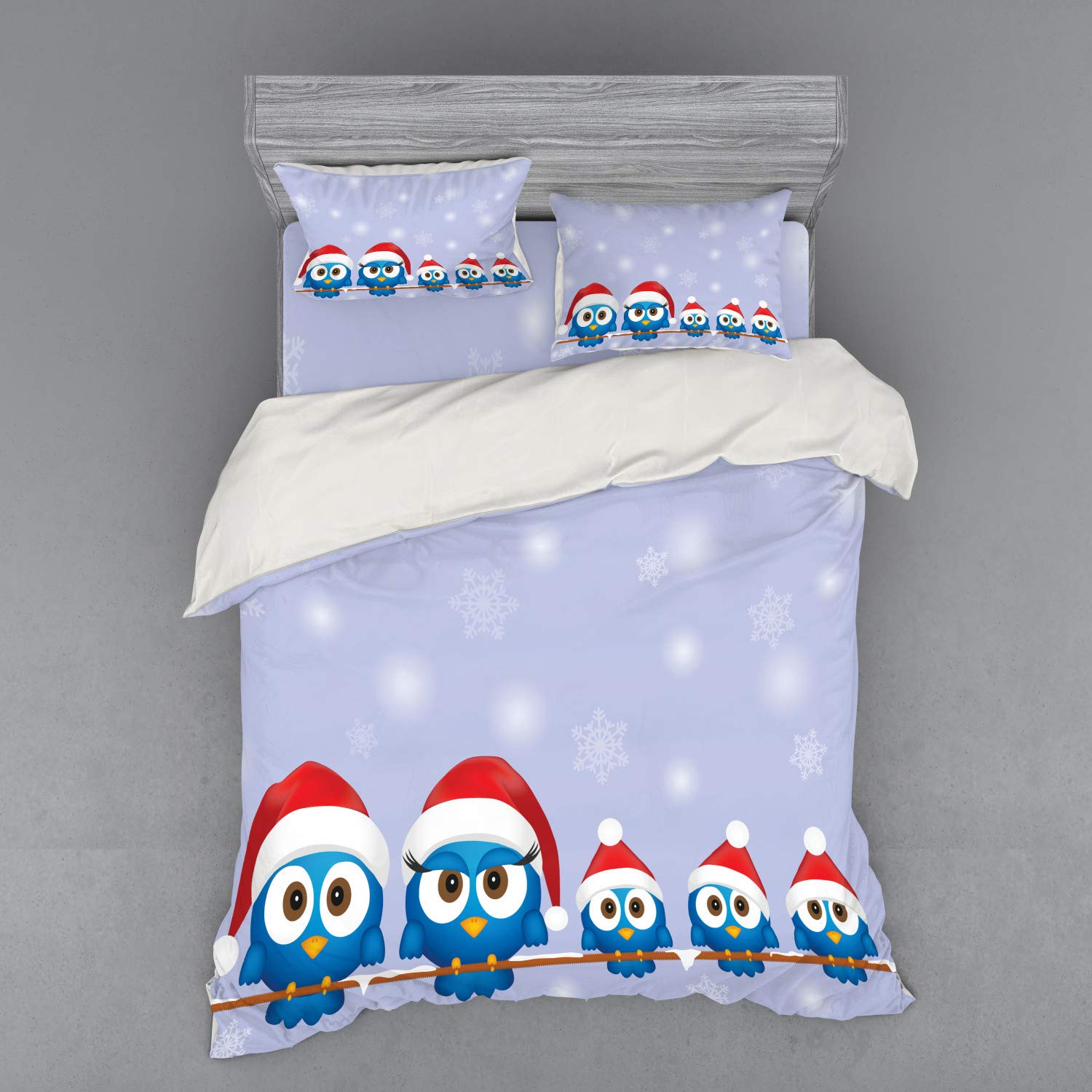 Ambesonne Christmas Bedding Set 4-Piece - Queen Size Duvet Cover with Shams & Fitted Sheet - Blue Red Winter Holiday Design Featuring Humorous Bird Family with Santa Hats on Power Lines - Cozy Festive Bedroom Decor for Holiday Season