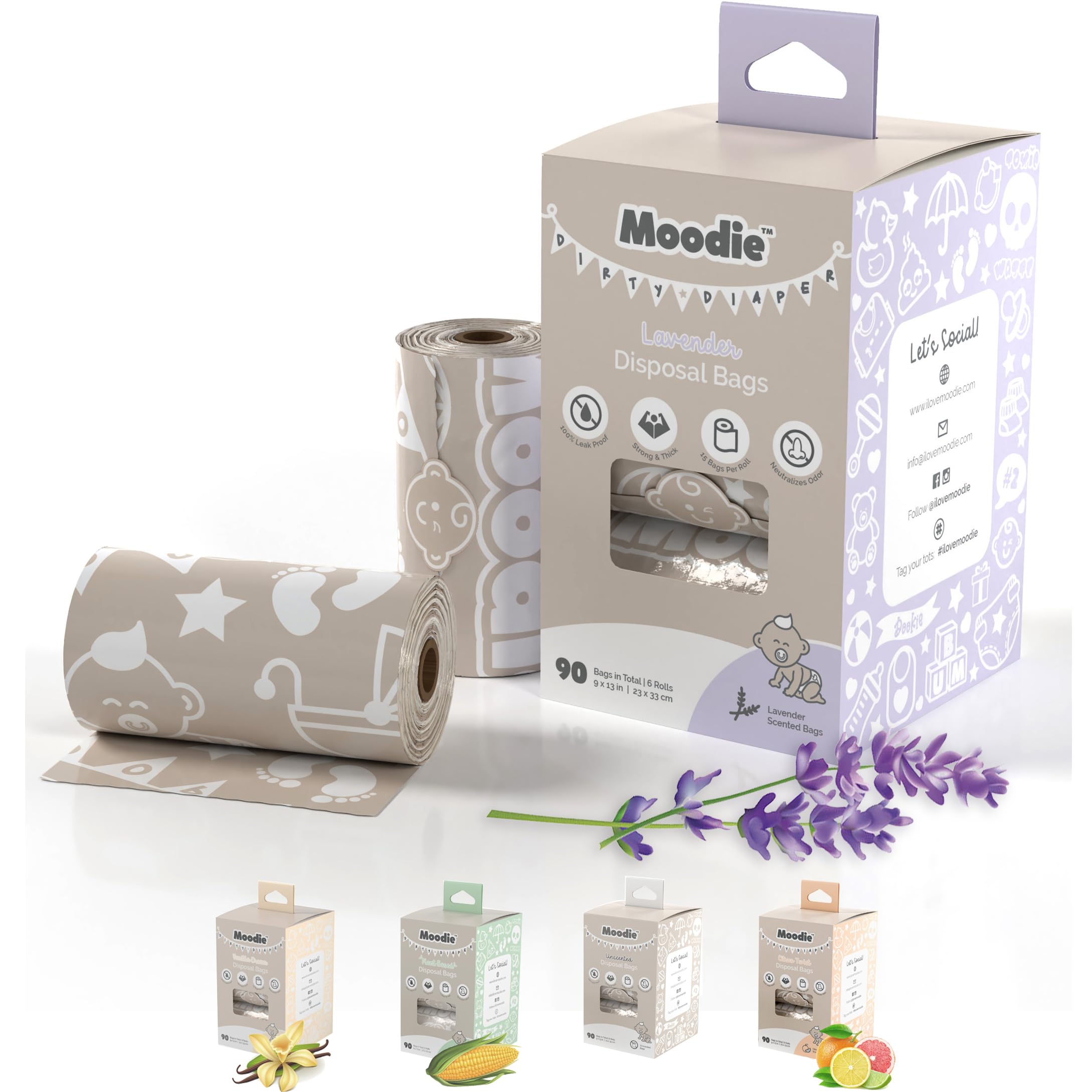 Lavender Scented Disposable Diaper Bags - 90 Count (6 Refill Rolls, 9x13 Inches) | Leak Proof & Odor Control for Baby Diaper Waste | Perfect for Travel, Daycare & On-the-Go Diaper Changes | Eco-Friendly Baby Poop Bags