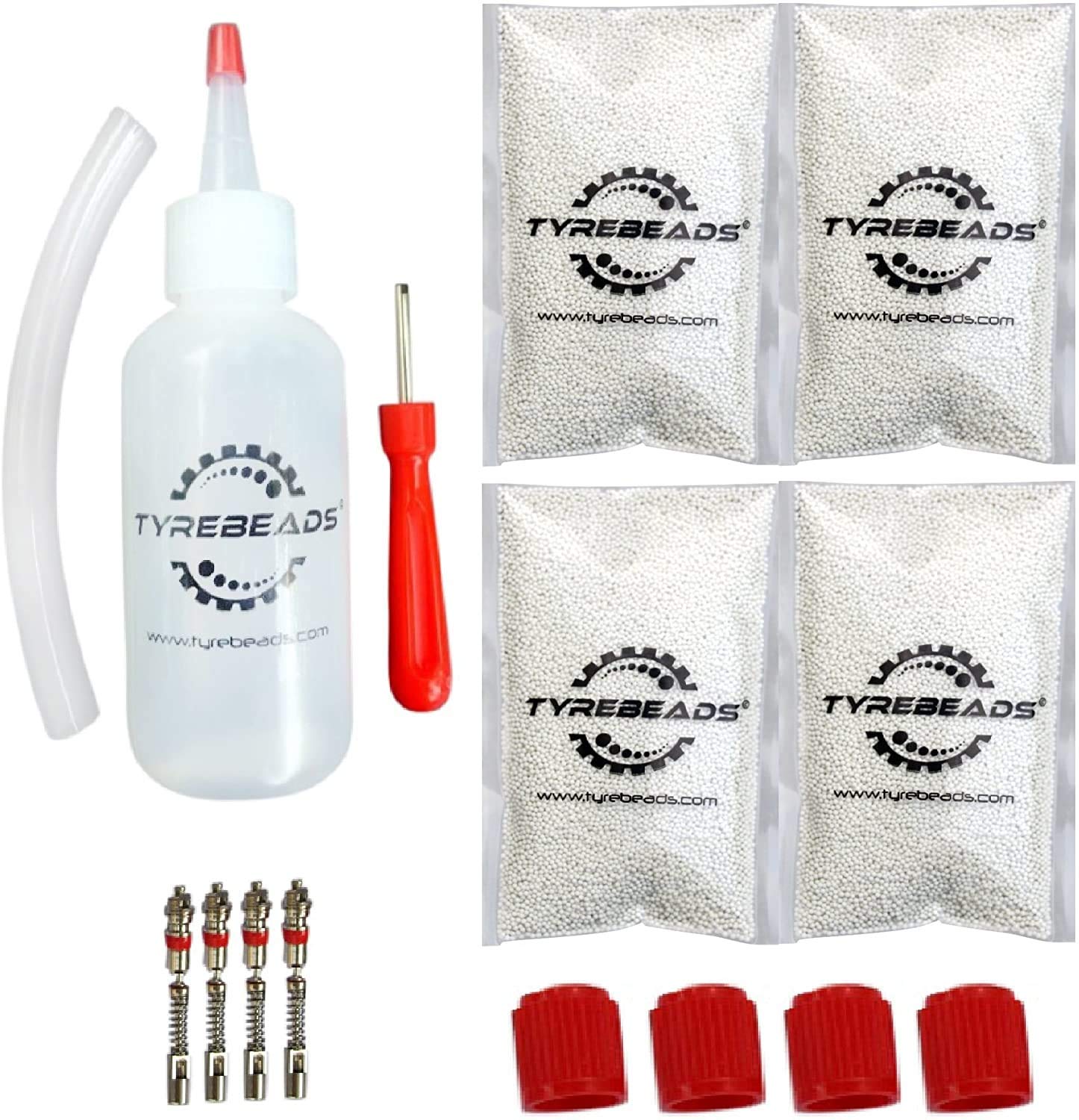 Tire Balancing Beads - 4 Bags of 3 oz (12 oz Total) for 4 Tires | Includes FREE Installation Kit, Filtered Cores & Red Caps | Perfect for Off-Road Vehicles, RVs & Truck Tire Maintenance