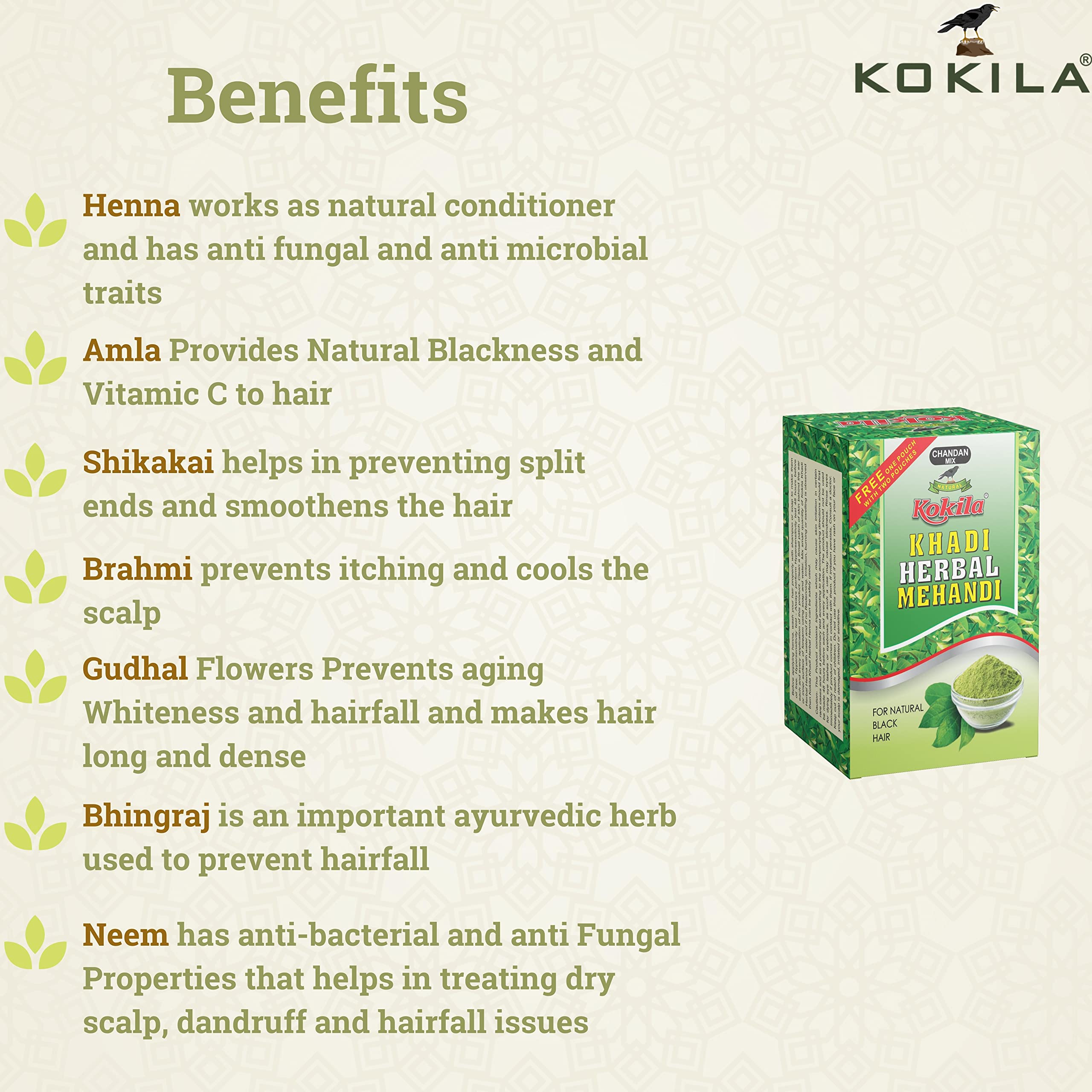 Kokila Khadi Herbal Mehandi Sandalwood Mix Powder - 100% Ayurvedic Herbs for Hair & Skin Care - Pack of 3 Boxes (9 Pouches, 20g Each) - Perfect for Bridal Mehendi, Festivals & Natural Beauty Treatments