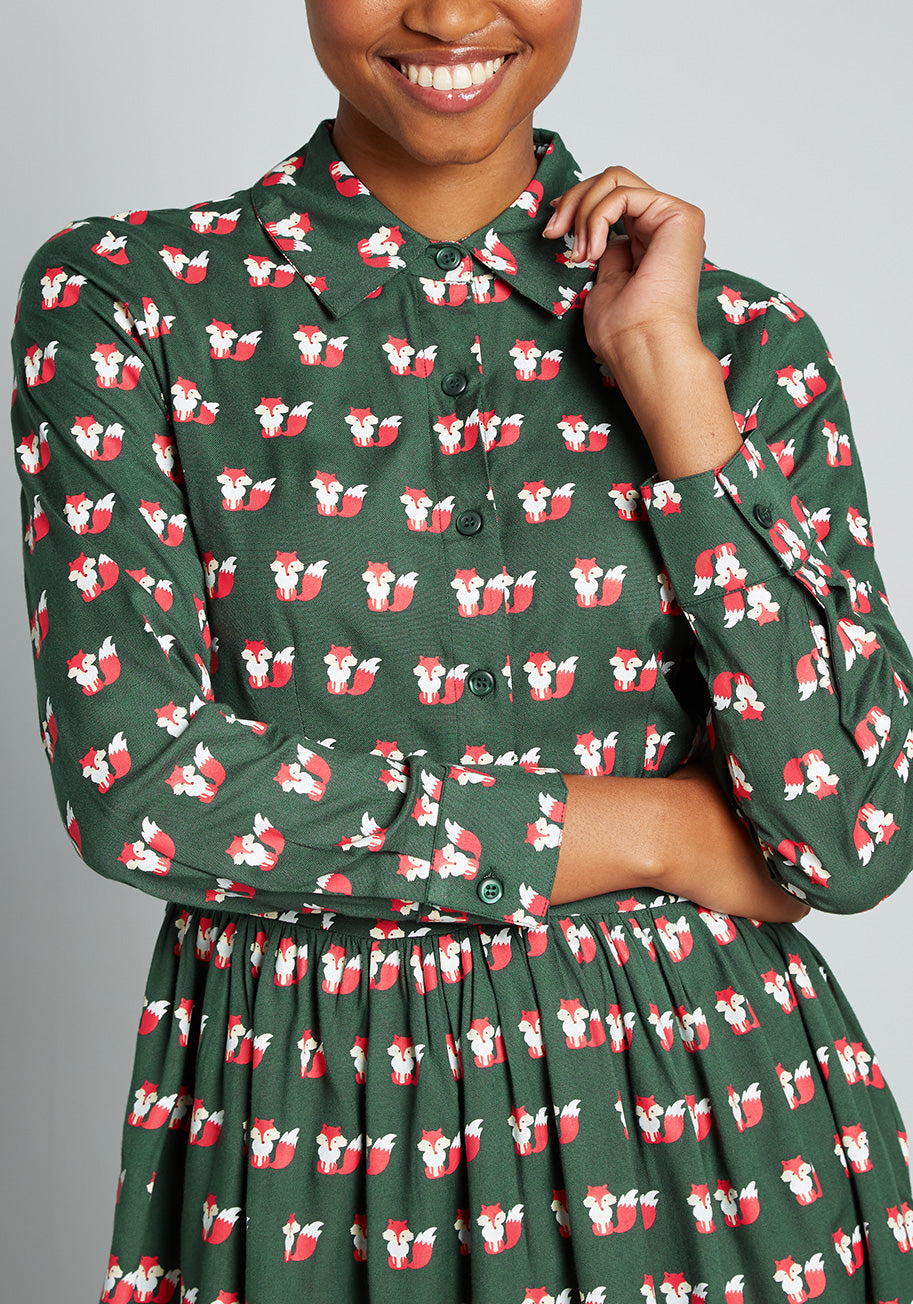Stylish Fox Print Shirt Dress for Women - Perfect for Casual Outings & Office Wear