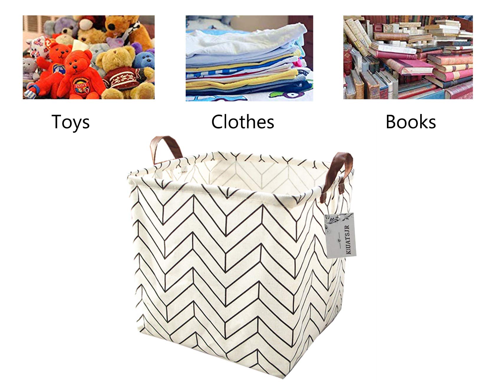 Square Canvas Toy Storage Bins with Handles - Collapsible Organizer for Nursery, Kids Toys & Laundry | Foldable Fabric Basket for Home Organization | Perfect for Playroom, Bedroom & Gift Giving (White Geometric Pattern)