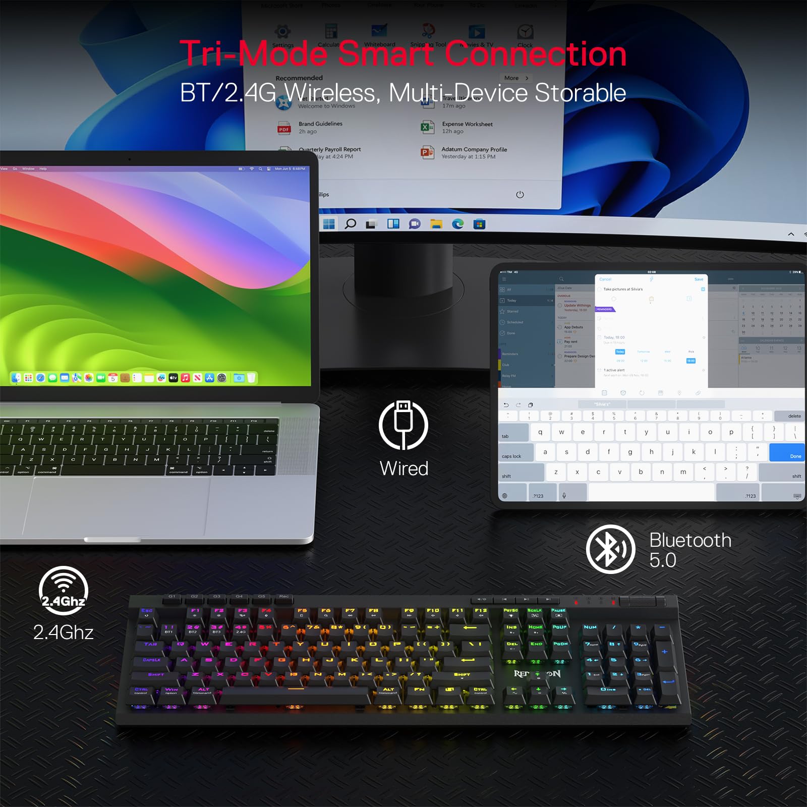 Redragon K580 PRO Wireless RGB Gaming Keyboard - 3-Mode 104-Key Hot-Swap Mechanical Keyboard with Linear Red Switches, Dedicated Media Controls & Onboard Macro Recording | Perfect for PC Gaming, Office Work & Streaming Setups