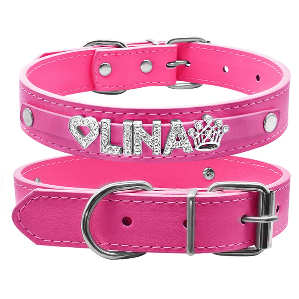 Custom Rhinestone PU Leather Dog Collar with Name Tag - Personalized Bling Collar for Small, Medium & Large Dogs - Rose Red Sparkly Pet Accessory for Walks, Parties & Gifts