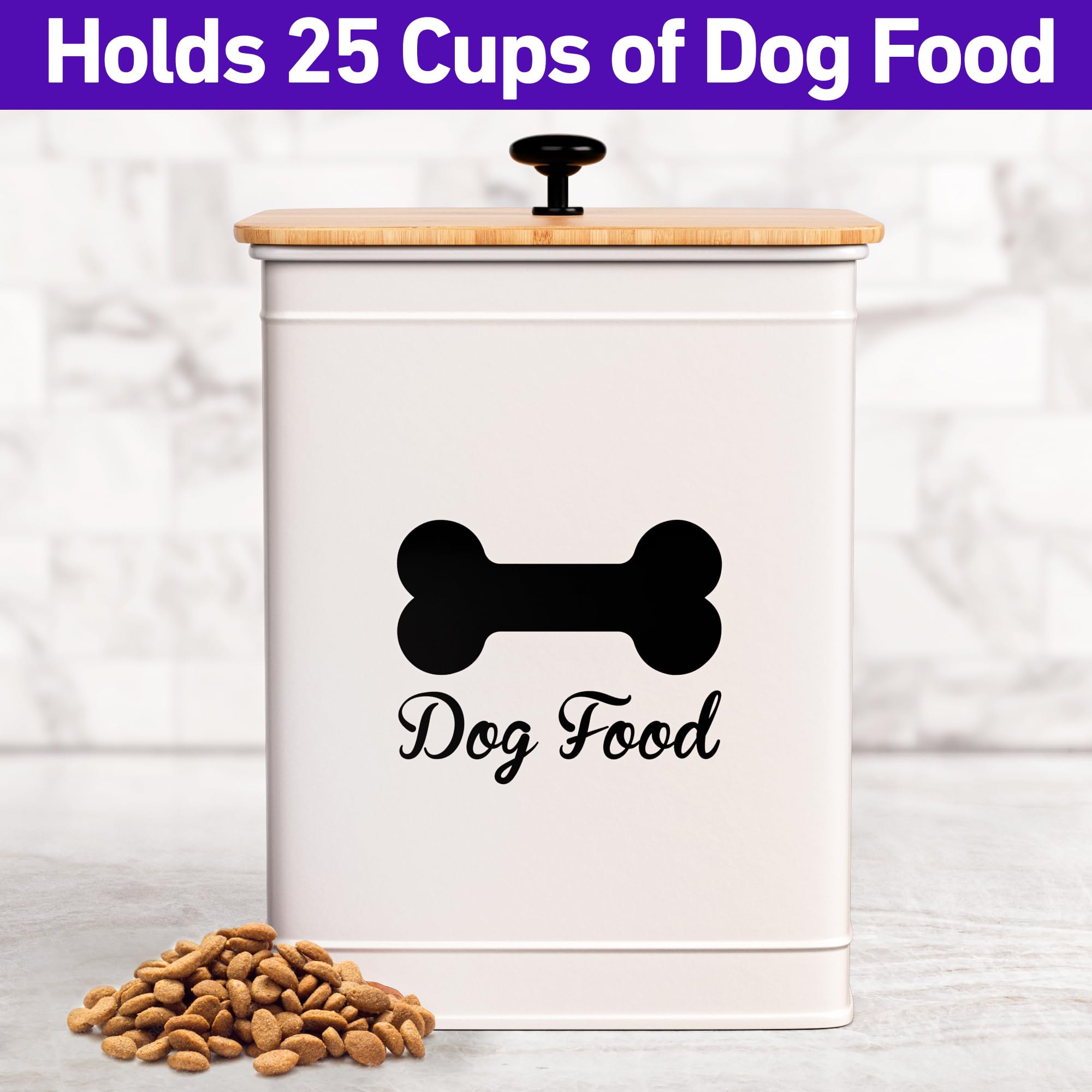 Airtight Dog Food Storage Container with Bamboo Lid - 5-10 lb (25 Cup) Capacity for Fresh Kibble - White Metal Pet Food Bin with Sturdy Handle for Dogs up to 50 lbs - Perfect for Kitchen, Pantry, or Pet Feeding Station Organization