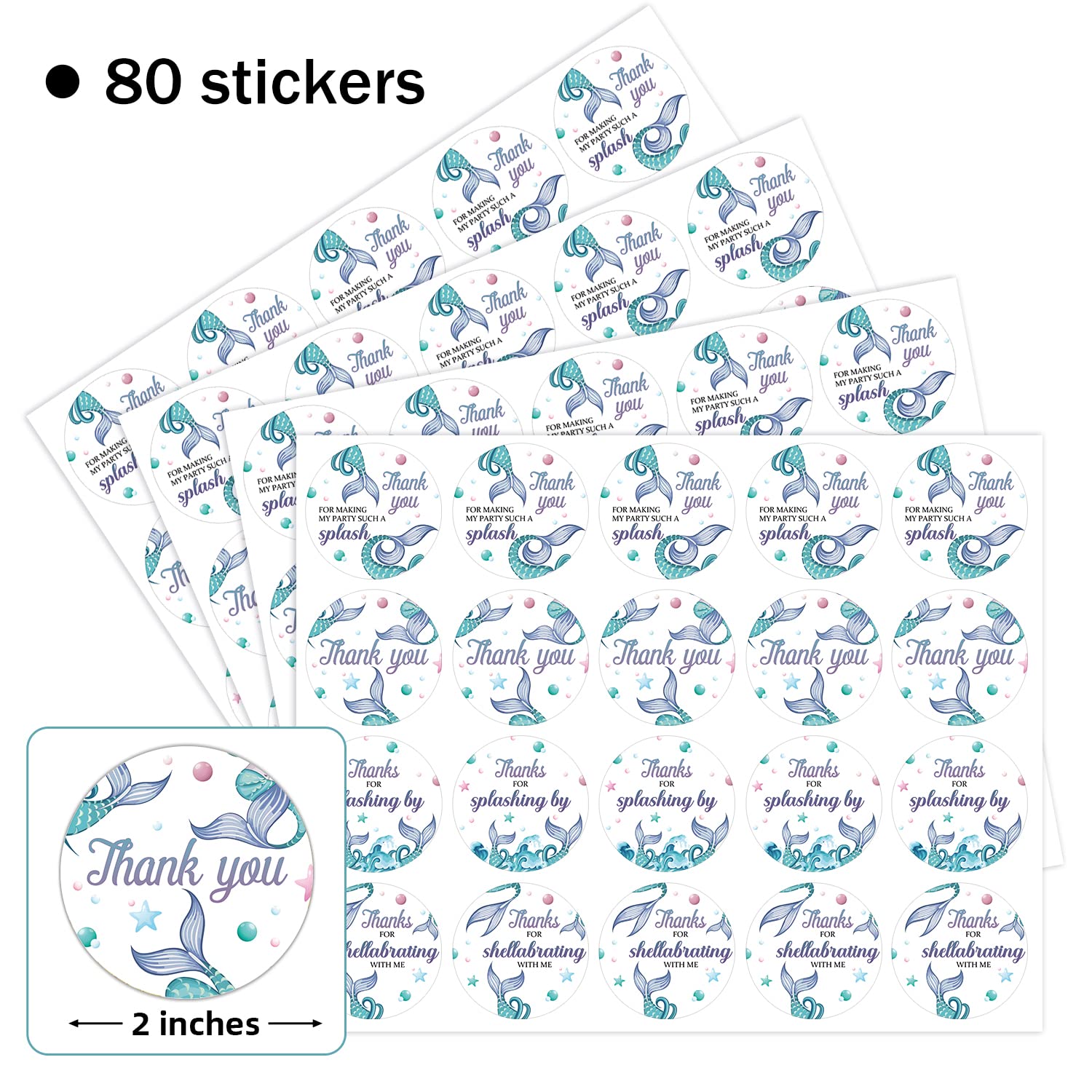 80 Pieces Cute Mermaid Thank You Stickers - 4 Unique Designs for Baby Showers, Birthday Parties & Under The Sea Theme Decorations - Perfect for Gift Wrapping, Bags & Labels - Ideal for Kids' Parties, DIY Crafts & Ocean-Themed Events
