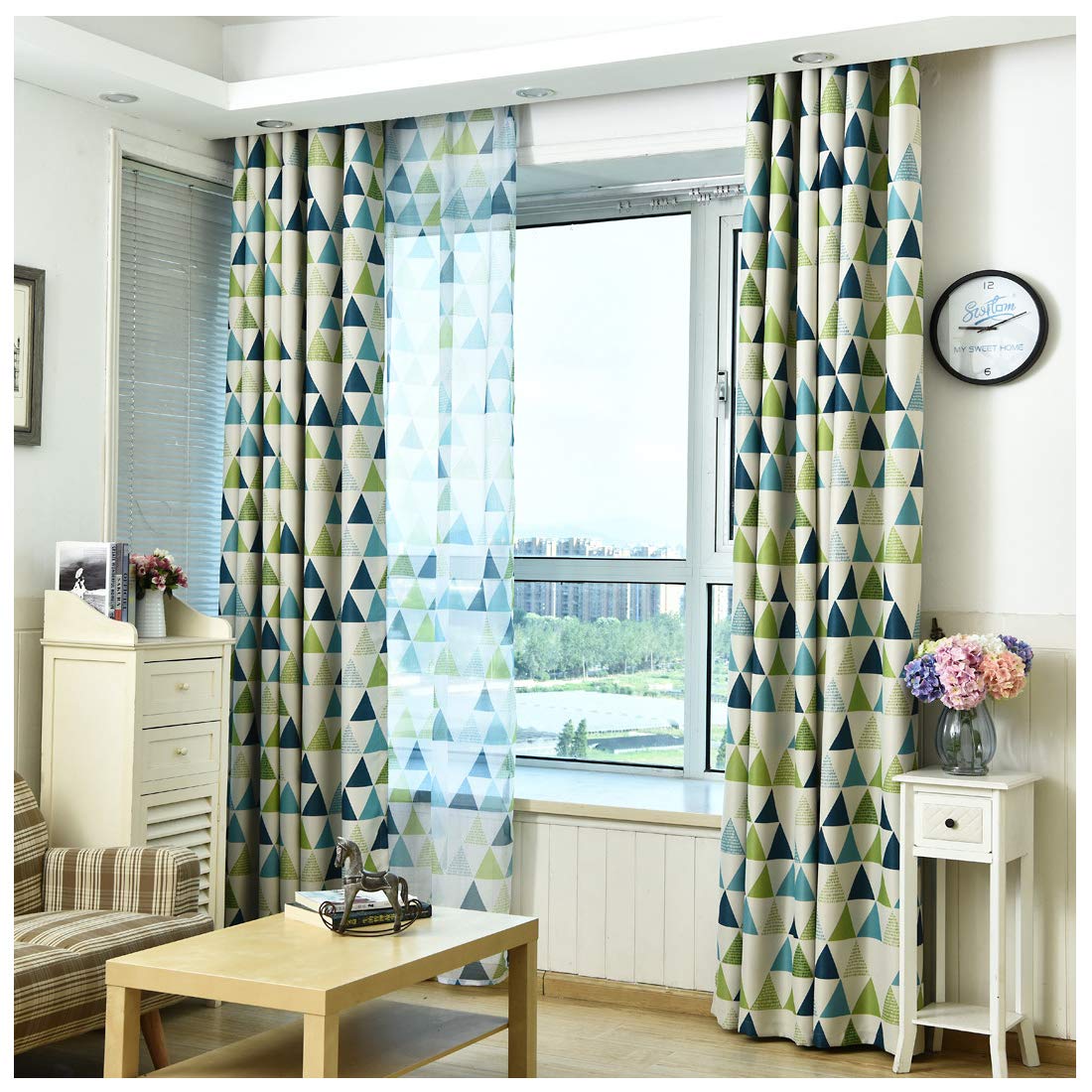 Blackout Curtains for Living Room & Bedroom - 2 Panels Set with Geometric Triangle Pattern in Vibrant Green (52x63 inches) - Noise Reducing Thermal Insulated Drapes for Home, Office & Nursery