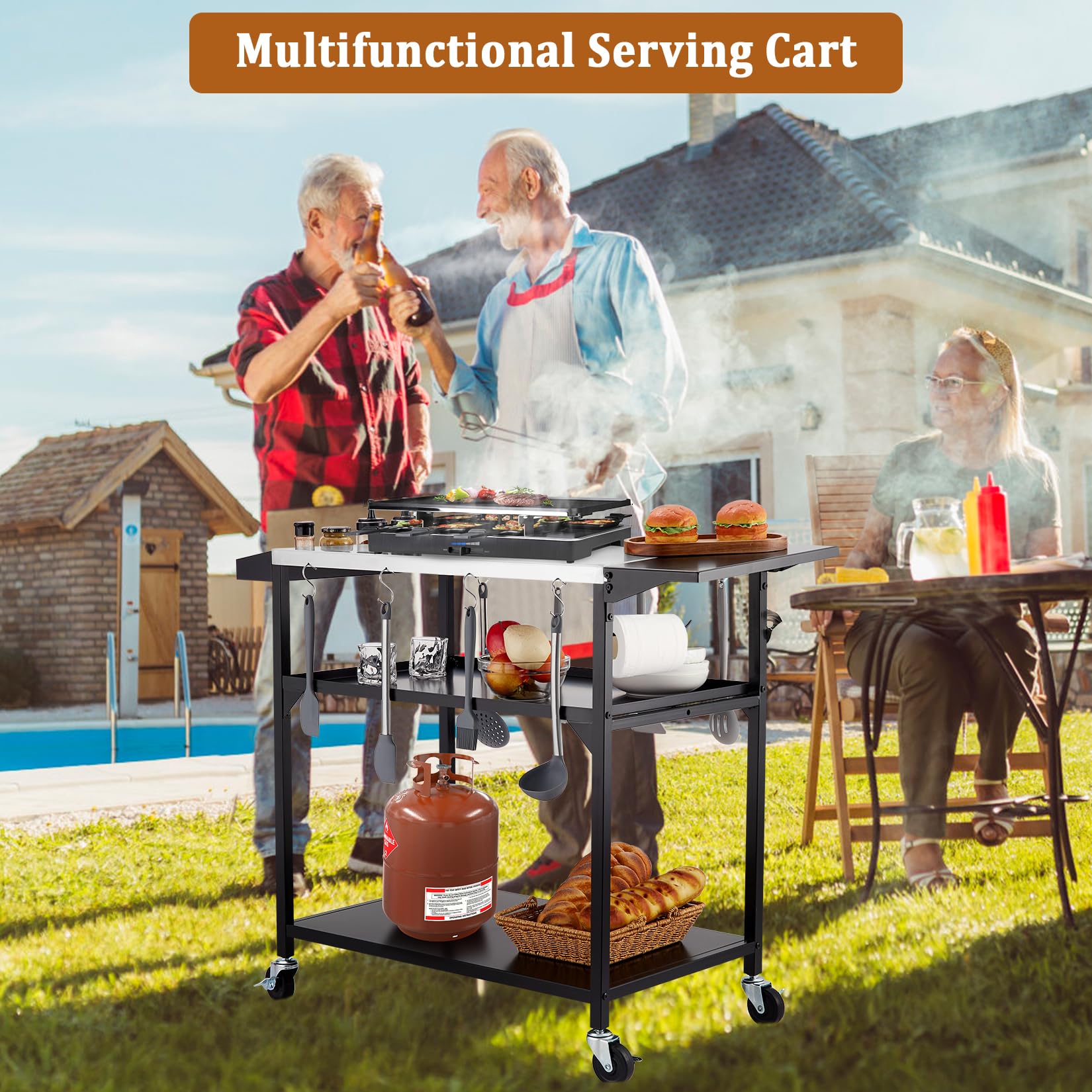 Stainless Steel Outdoor Grill Cart with 4 Wheels - Portable Pizza Oven Table, Movable Prep Station & Metal Work Table with Side Shelf & Storage Rack | Perfect for Backyard BBQ, Patio Cooking & Outdoor Entertaining