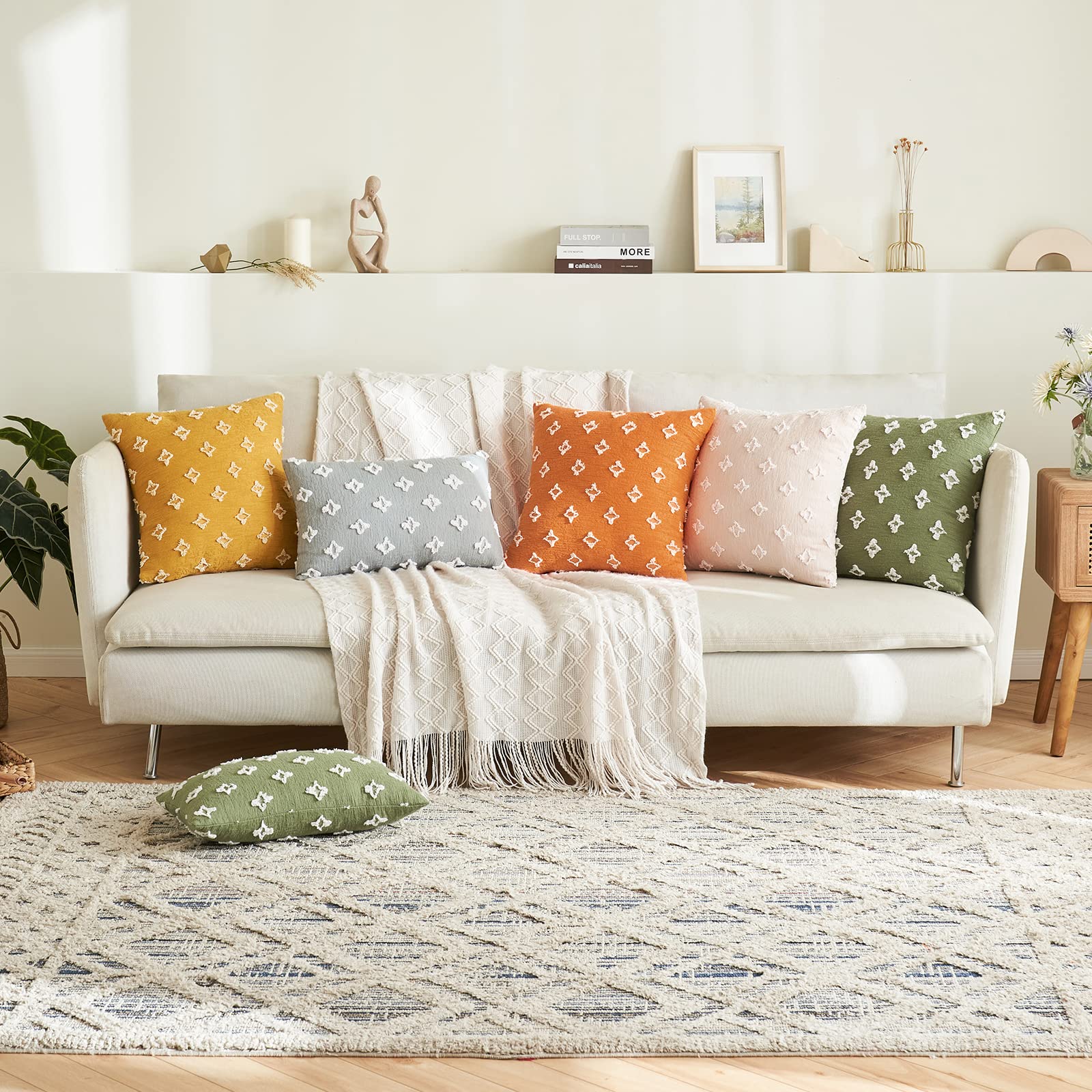 ANRODUO Pack of 2 Sage Green Bohemian Decorative Throw Pillow Covers - 12x20 Inch Tufted Rhombic Jacquard Cushion Covers for Sofa, Couch & Living Room - Soft & Stylish Home Decor for Spring, Bedroom & Cozy Spaces