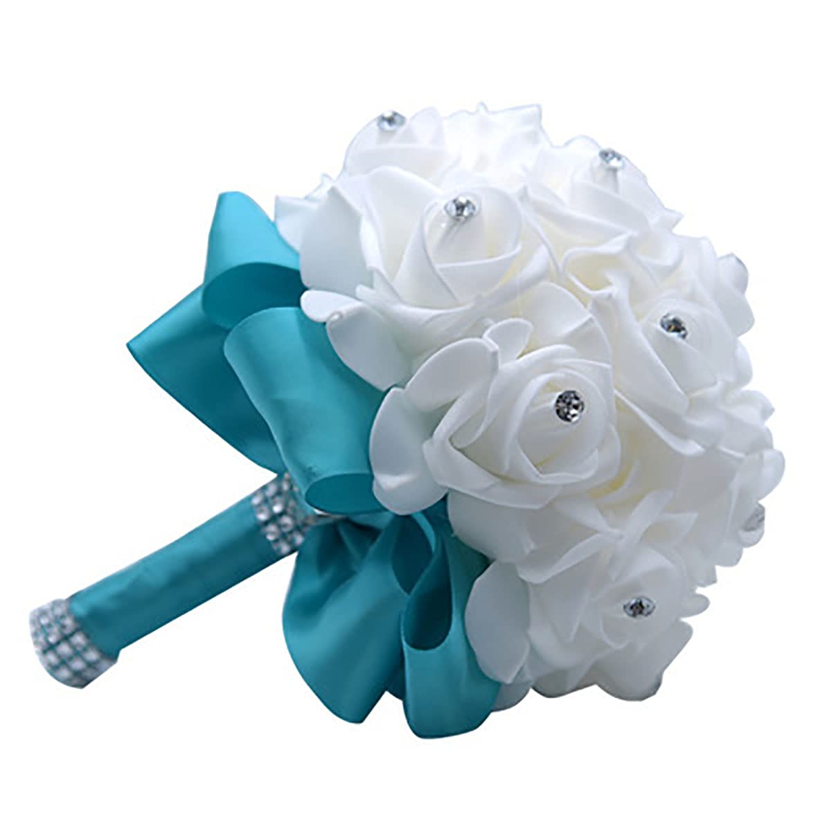 KUPARK Artificial Rose Diamond Bridal Bouquet - Handmade Wedding Bridesmaid Flowers, Romantic Lake Blue Holding Bouquet for Bride, Bridal Shower & Wedding Decor