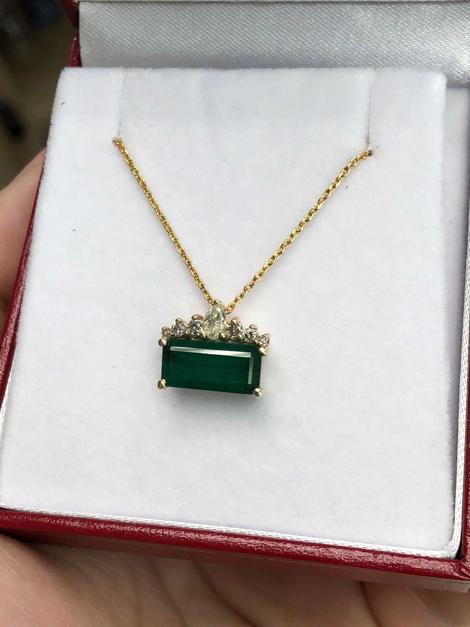 3.45 Carat East-West Dark Green Emerald and Diamond Tiara Necklace in 14K Gold - Elegant Bridal Jewelry for Weddings, Prom & Special Occasions