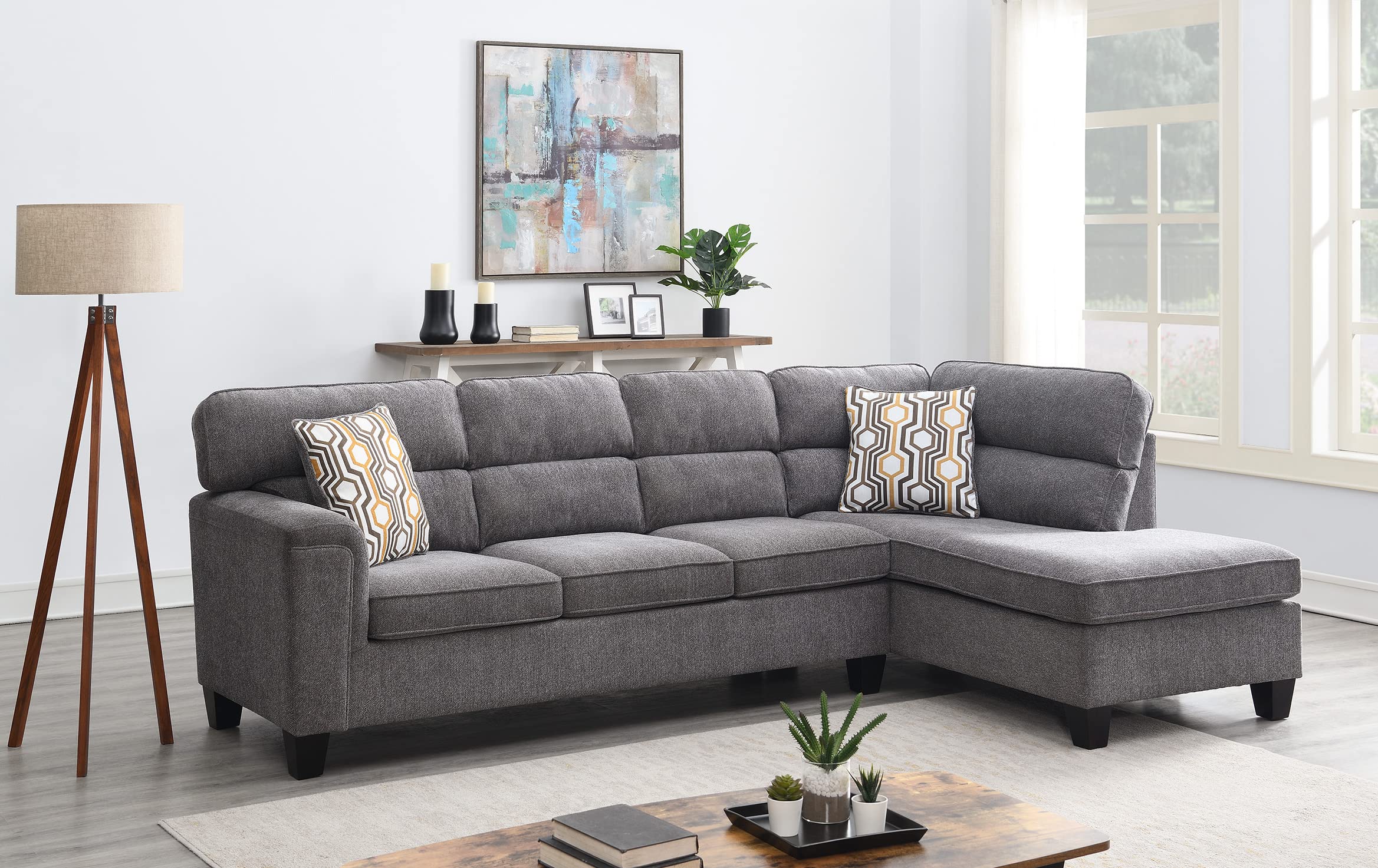 Modern L-Shaped Sectional Sofa with Reversible Chaise - 5-Seat Modular Upholstered Couch with Memory Foam & Tufted Microfiber Fabric - Grey by Oliver & Smith - Perfect for Living Rooms, Family Rooms and Home Theater Seating