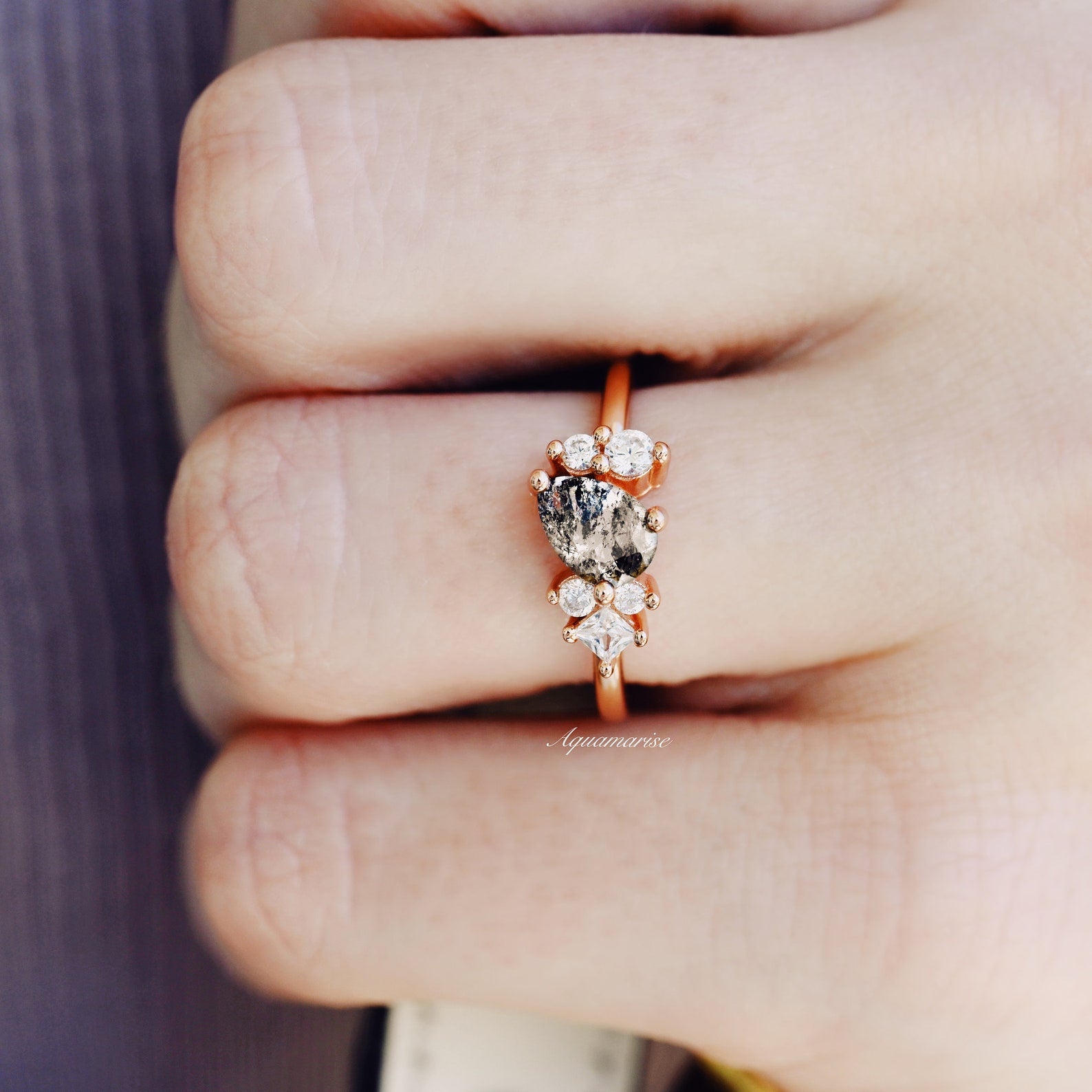 14K Rose Gold Vermeil Herkimer Diamond Ring with Galaxy Raw Salt & Pepper Design - Perfect for Weddings, Anniversaries & Special Occasions