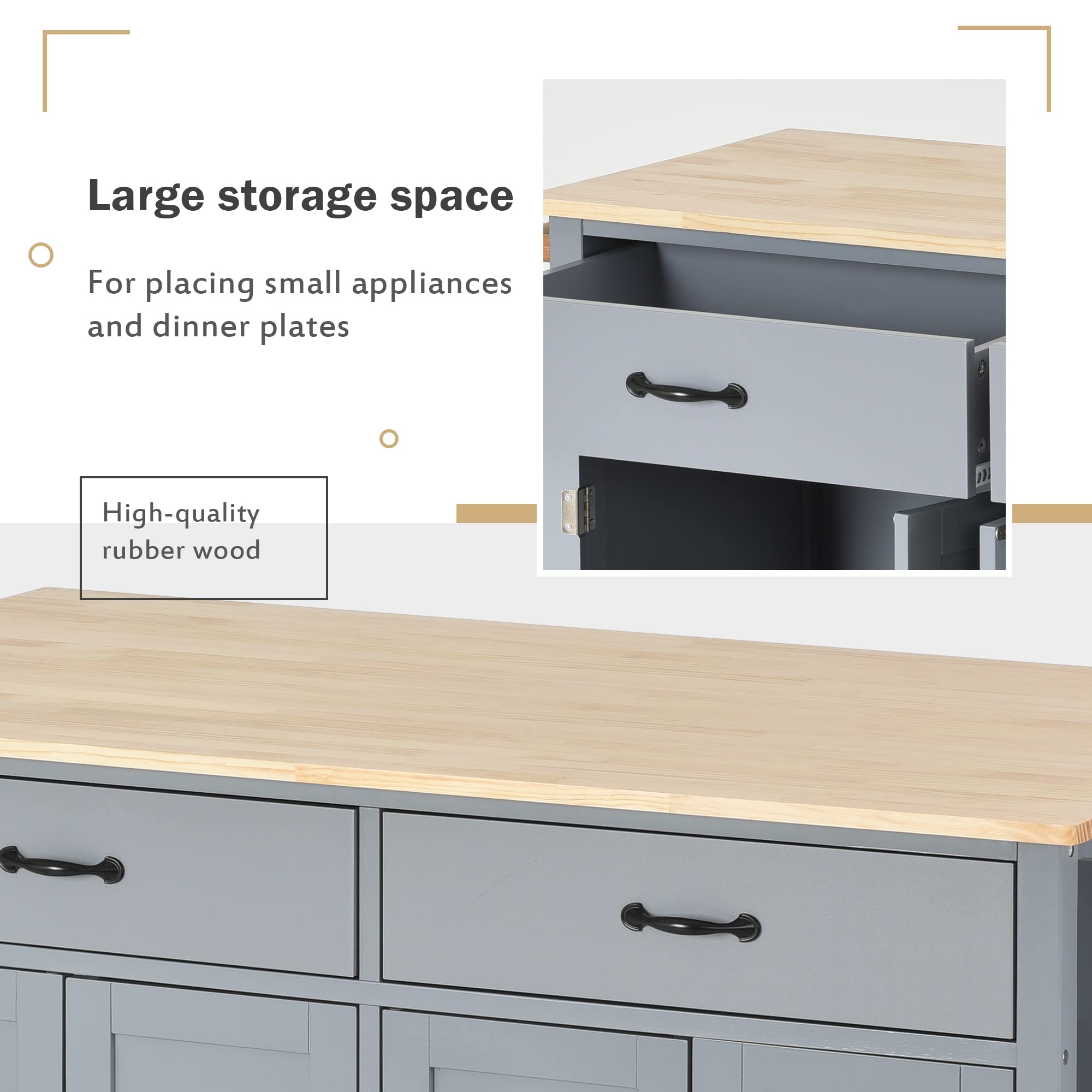 MERITLINE Mobile Kitchen Island with Storage & Wheels, Rolling Kitchen Cart Cabinet with Adjustable Shelves, Drawer, Spice & Towel Rack, Large Solid Wood Top - Grey | Portable Workstation for Small Kitchens, Dining Room Organizer, Breakfast Bar & Food Prep Station