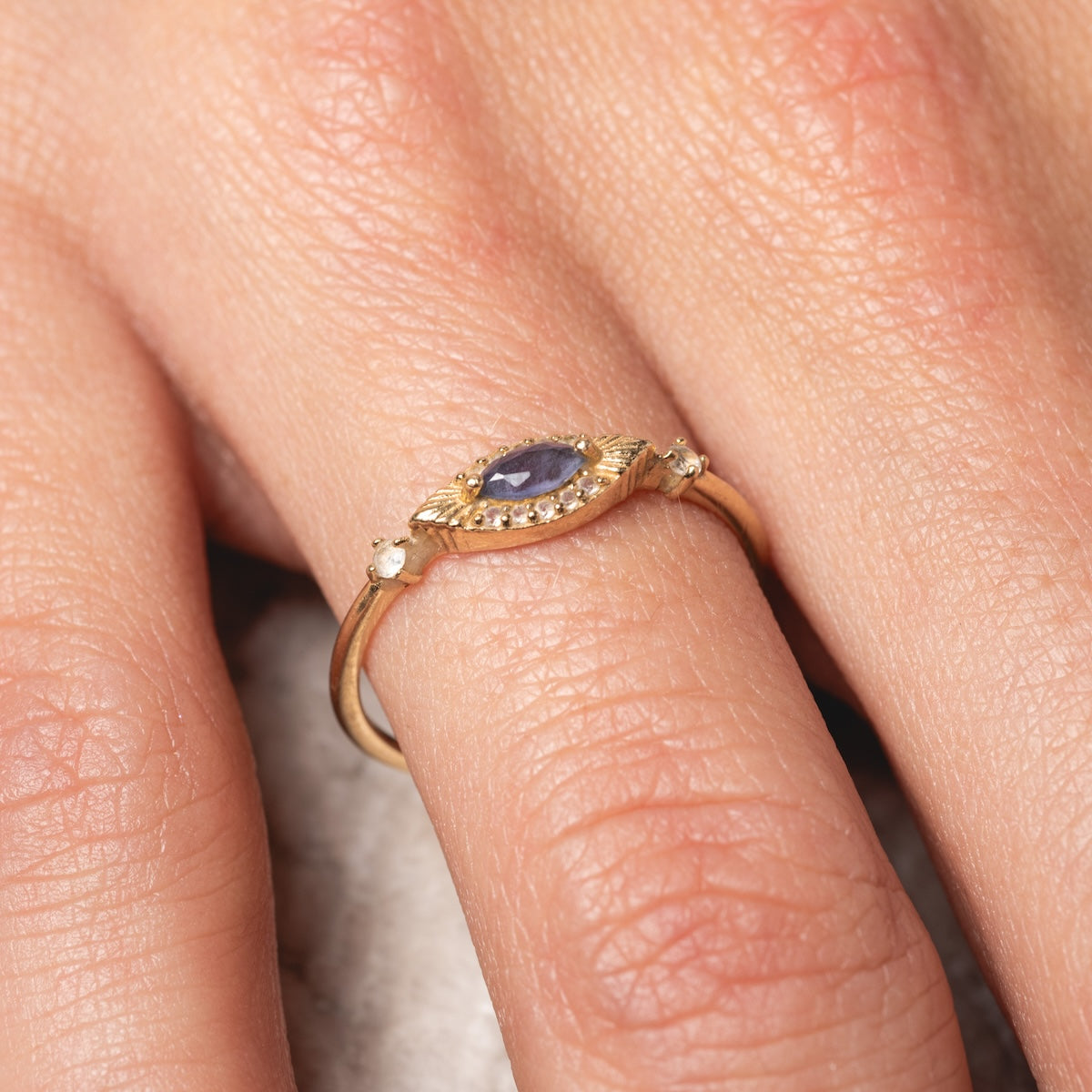 Solid Gold Iolite Evil Eye Ring for Women - Protection Jewelry, Spiritual Healing, Stylish Accessory | Perfect for Gifts, Meditation & Everyday Wear