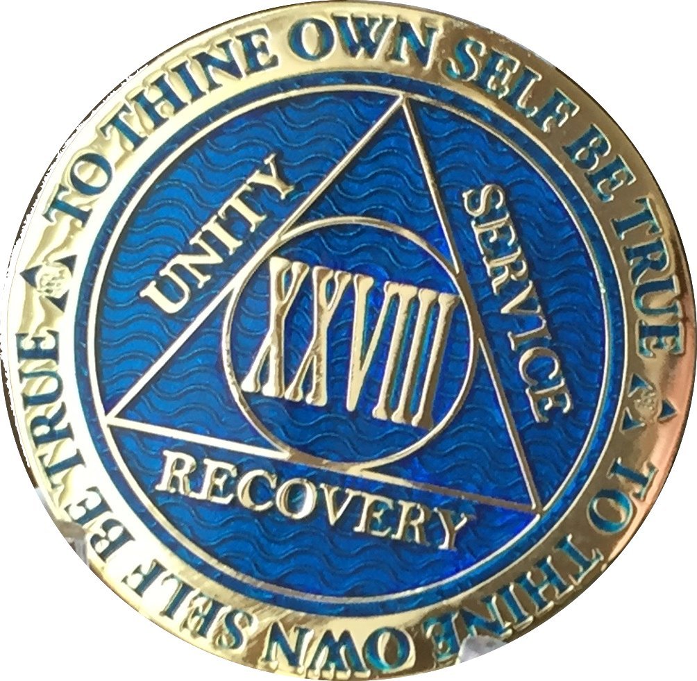 Recovery Chip 28 Year Anniversary AA Medallion - Gold Plated Reflex Blue Token for Alcoholics Anonymous, Sobriety Gifts & 12 Step Programs - Perfect for Milestone Celebrations, Meetings and Inspirational Keepsakes