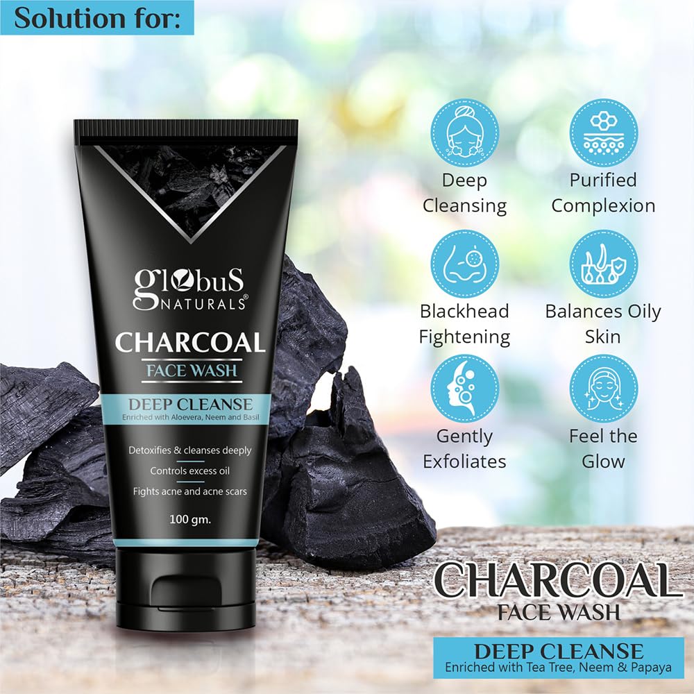 Globus Naturals Charcoal Detoxifying Face Wash & Peel Off Mask Set - Deep Cleansing, Exfoliation, Anti-Acne Treatment for Men & Women | Blackhead Removal, Pimple Control | Perfect for Daily Skincare & Spa Nights at Home