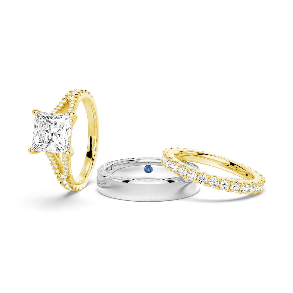 Princess Cut Split Shank Moissanite Engagement & Wedding Ring Set for Couples - Men's Matching Band - Perfect for Proposals, Anniversaries & Romantic Occasions