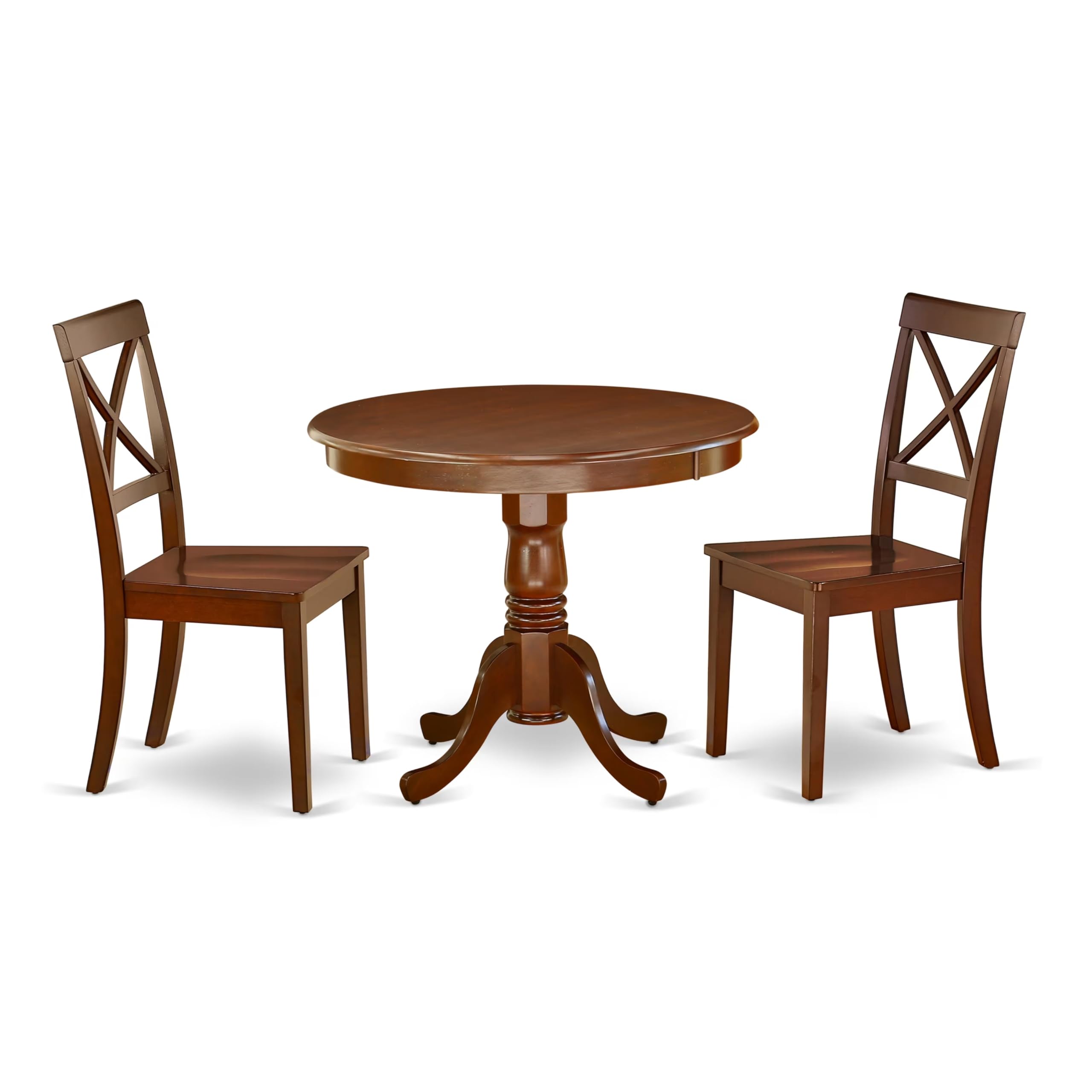 East West Furniture ANBO3-MAH-W 3 Piece Round Dining Set with Pedestal Table & 2 Chairs - 36x36 Inch Mahogany Kitchen Table for Small Spaces, Breakfast Nooks & Cozy Apartments