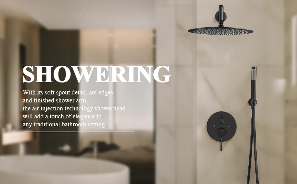 KPAIDA Black Shower Faucet Set - 12 Inch Rainfall Shower Head with Handheld Sprayer and Valve Mixer - Modern Bathroom Shower System for Spa-Like Experience - Perfect for Master Bath, Guest Bathroom and Luxury Hotel Renovations