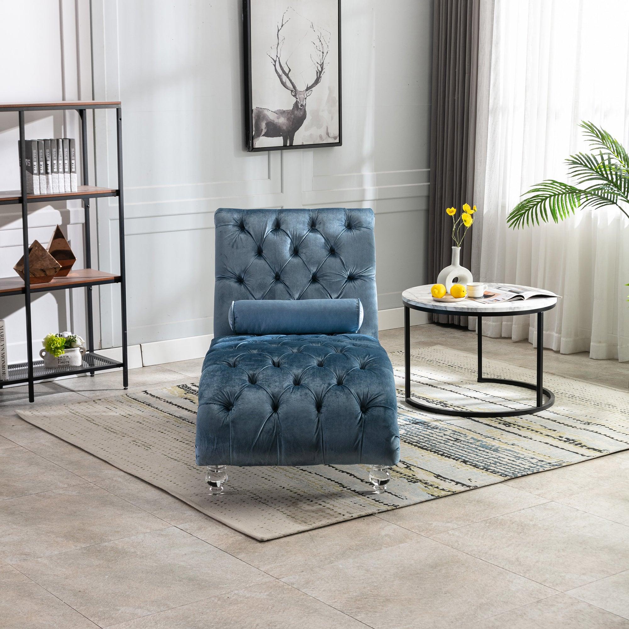Luxury Velvet Chaise Lounge Chair - Button Tufted Upholstered Sofa with Pillow for Bedroom, Living Room & Office - Light Blue Velvet - Perfect for Relaxing, Reading & Home Decor