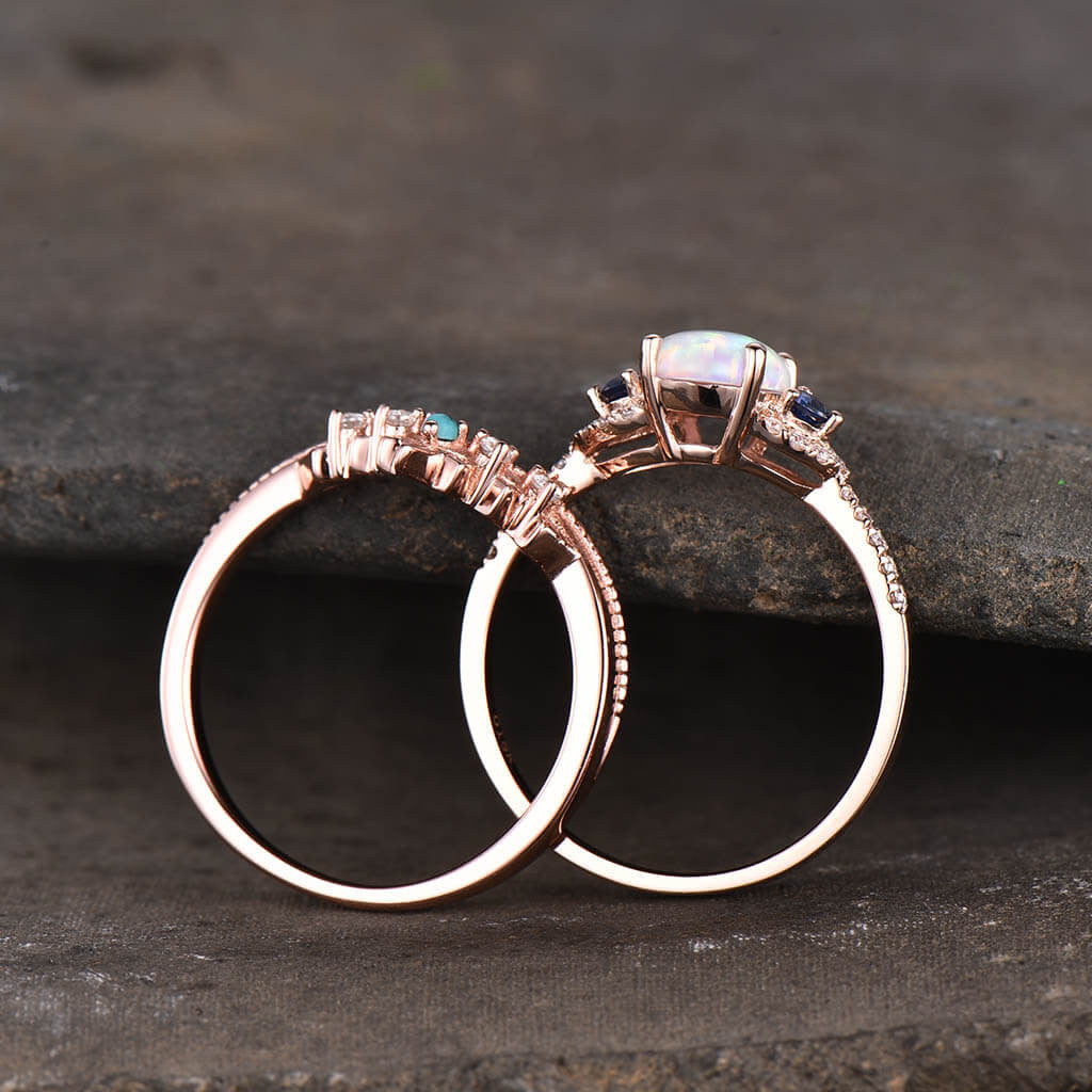 14K/18K Art Deco Opal and Sapphire Engagement Ring Set - Vintage Style Wedding Band, Unique Bridal Jewelry for Proposals, Anniversaries, and Special Occasions