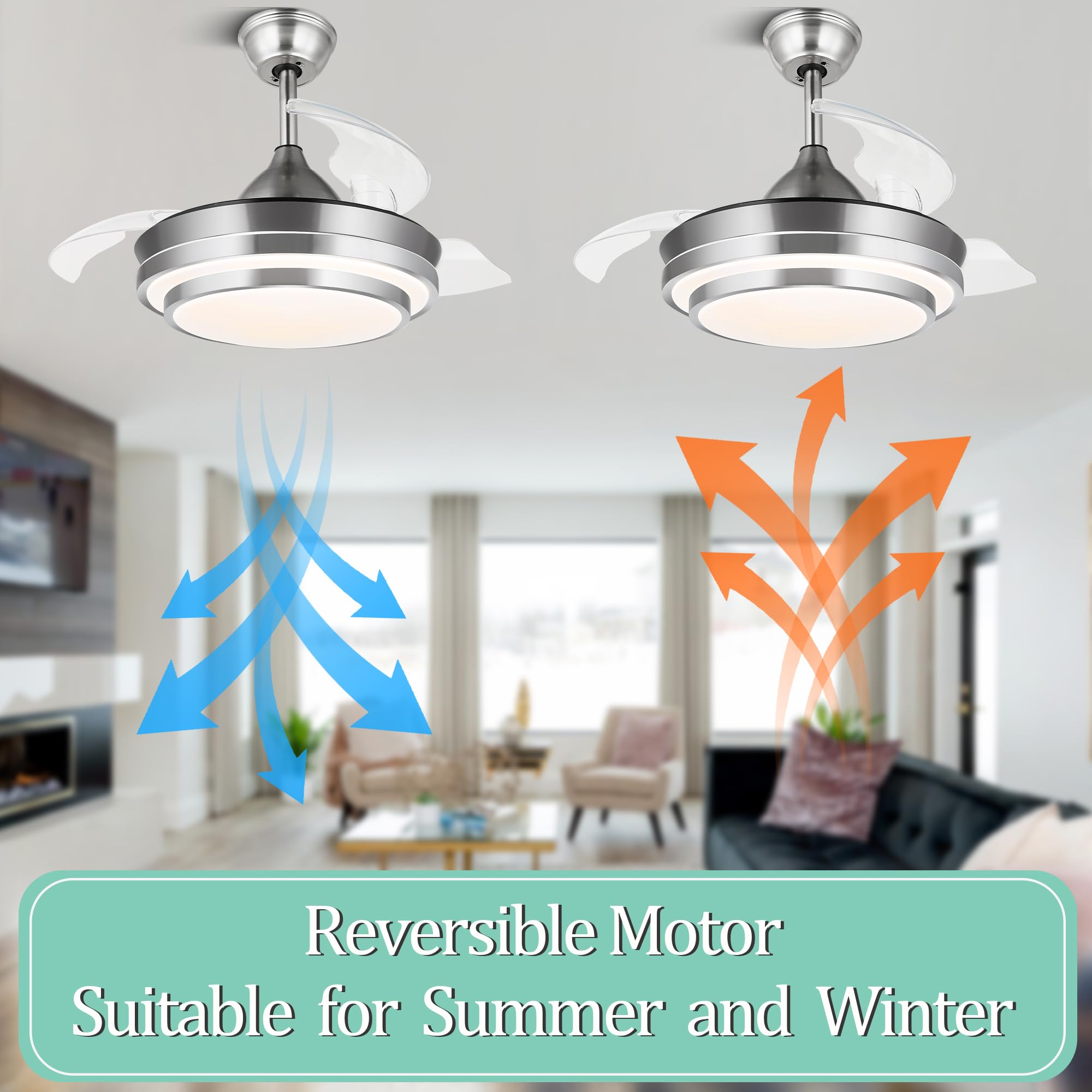 36 Inch Retractable Ceiling Fan with Remote Control - Modern Smart Ceiling Fan with LED Lights, 6 Speed Silent DC Motor, Reversible Blades, 3 Color Temperatures & Timer - Brushed Nickel Finish for Living Room, Bedroom or Office